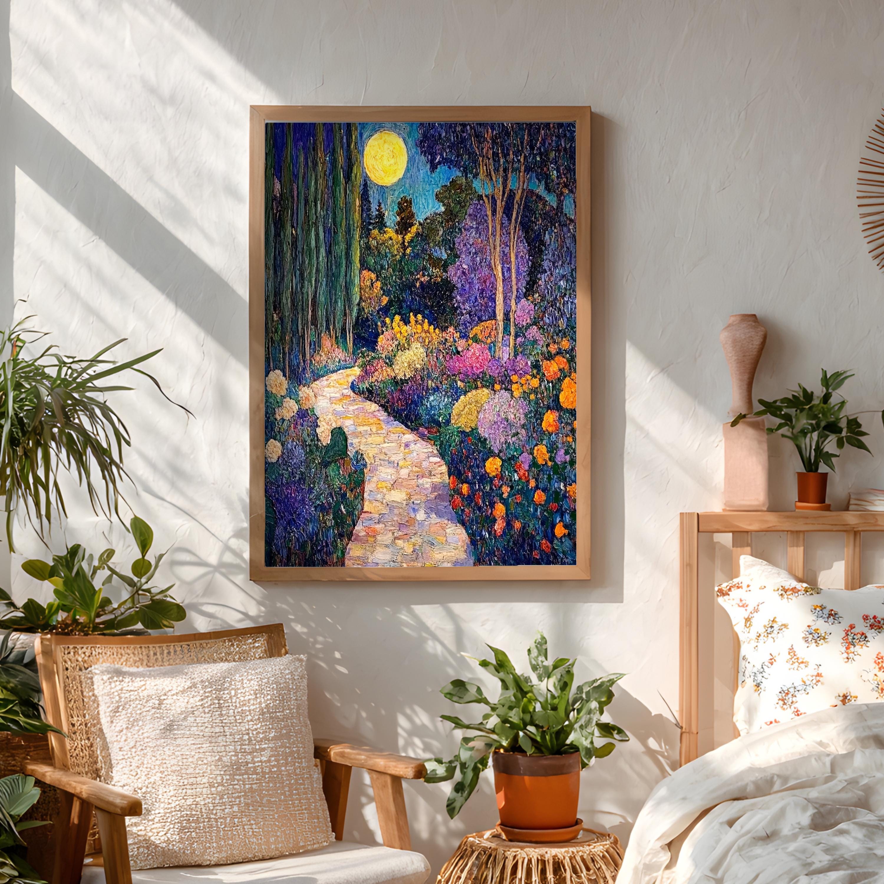 Moonlit Garden Wall Art, Night Floral Landscape Print, Romantic Cottage Framed Canvas, Vintage Inspired Home Decor, Dreamy Path Accent