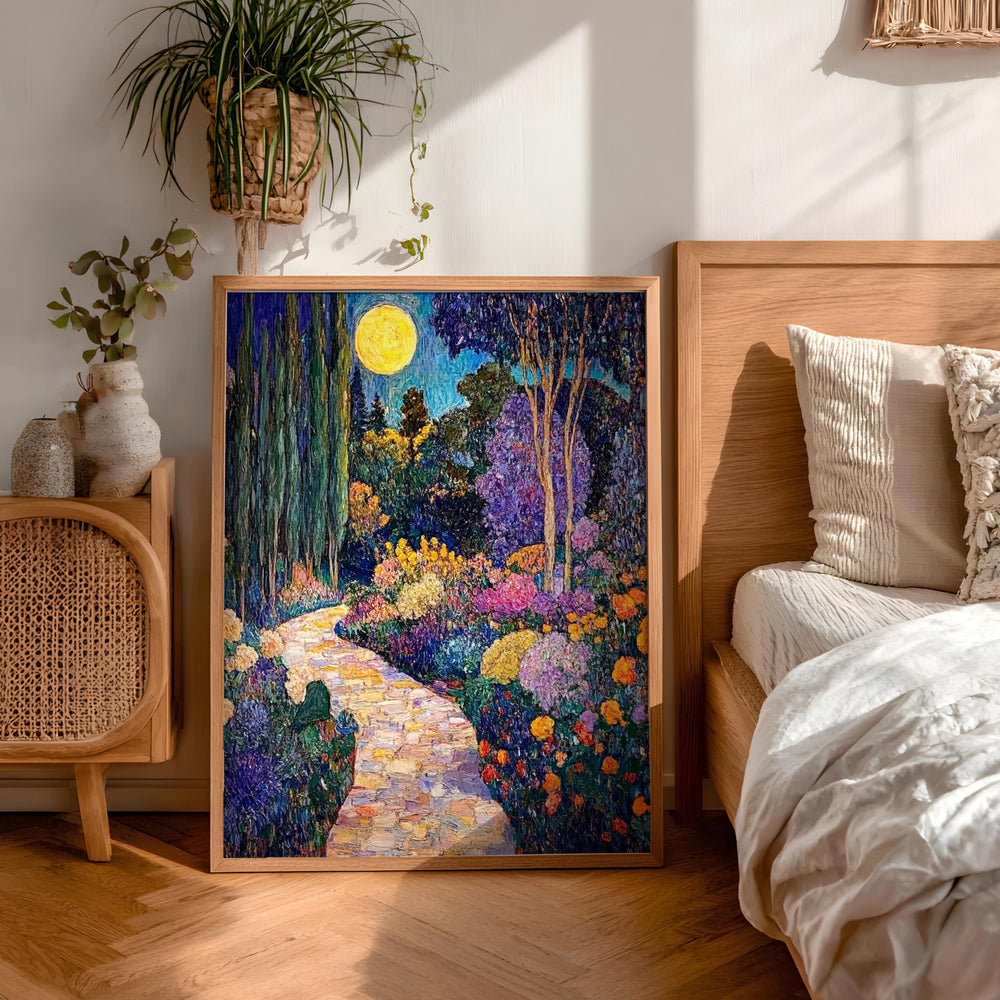 Moonlit Garden Wall Art, Night Floral Landscape Print, Romantic Cottage Framed Canvas, Vintage Inspired Home Decor, Dreamy Path Accent
