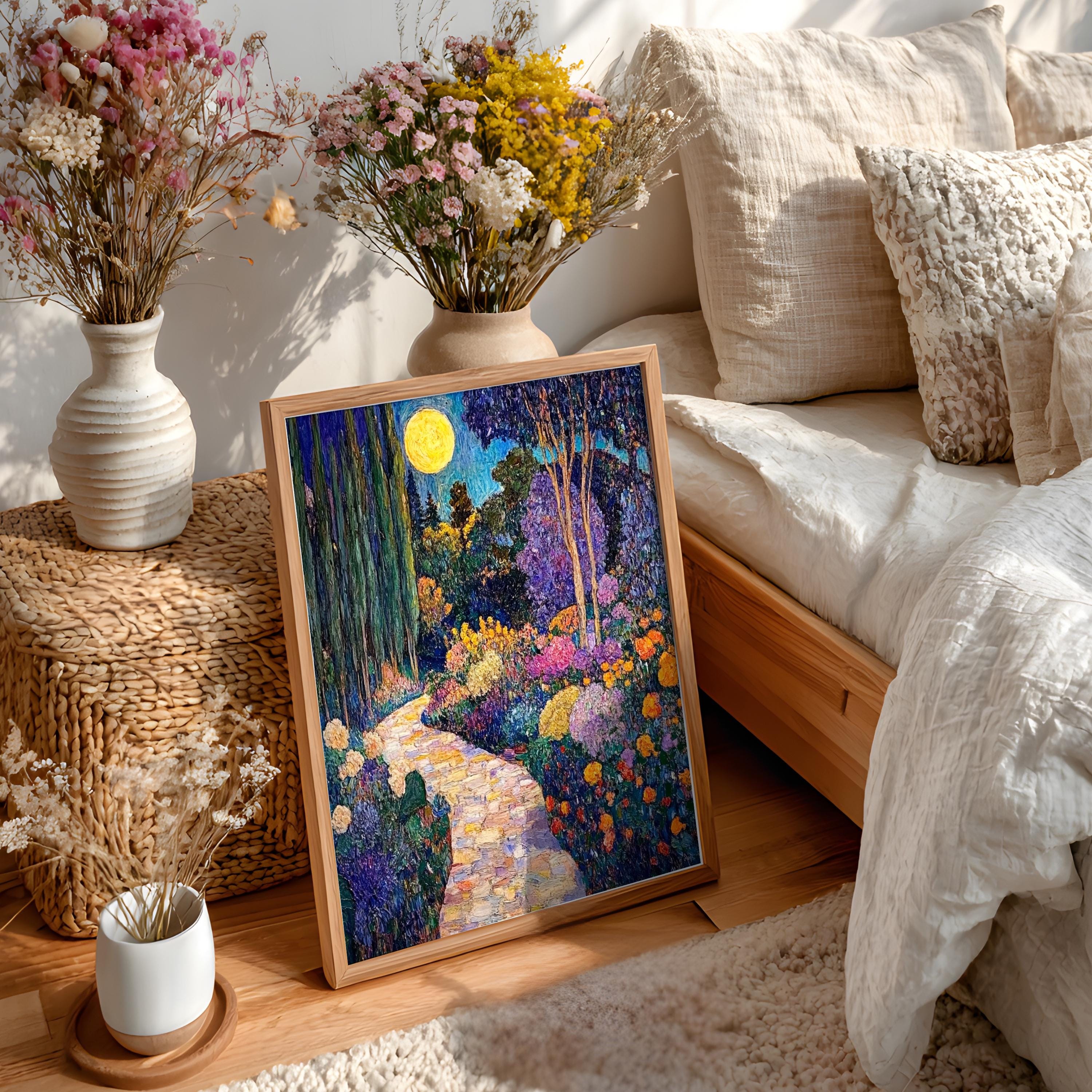 Moonlit Garden Wall Art, Night Floral Landscape Print, Romantic Cottage Framed Canvas, Vintage Inspired Home Decor, Dreamy Path Accent