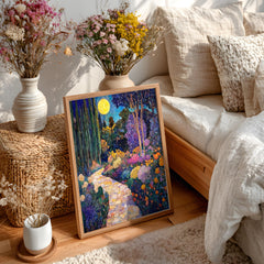 Moonlit Garden Wall Art, Night Floral Landscape Print, Romantic Cottage Framed Canvas, Vintage Inspired Home Decor, Dreamy Path Accent