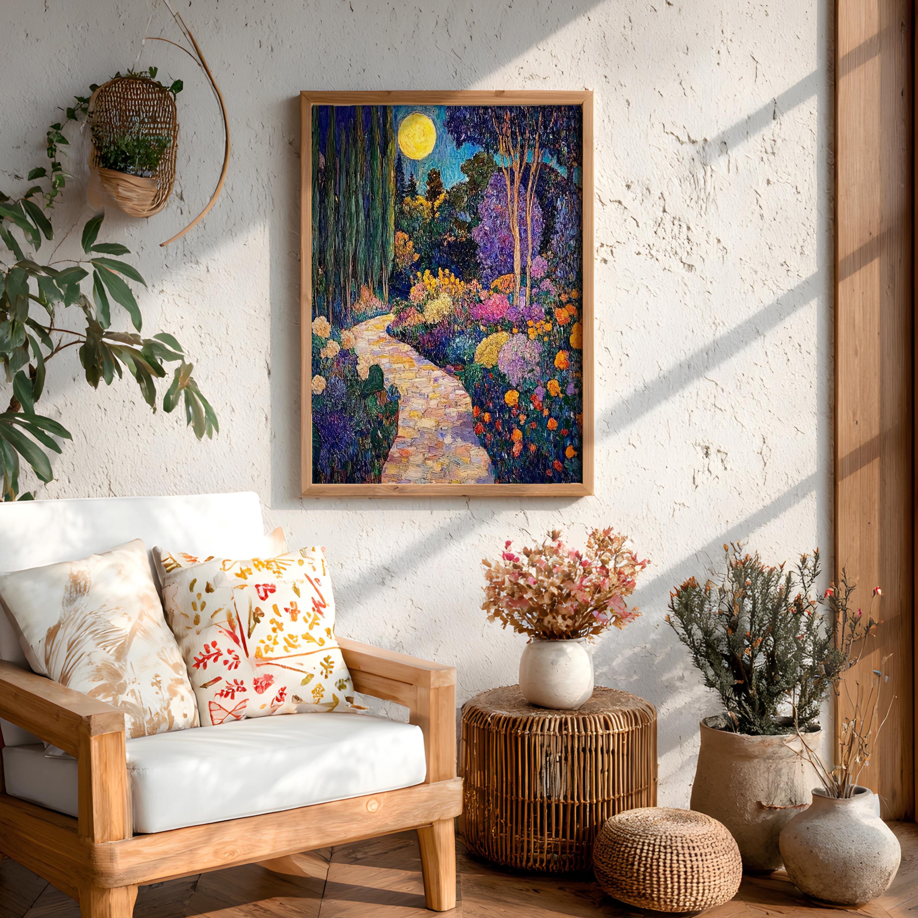 Moonlit Garden Wall Art, Night Floral Landscape Print, Romantic Cottage Framed Canvas, Vintage Inspired Home Decor, Dreamy Path Accent