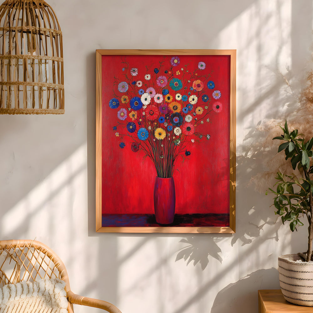Red Floral Wall Art, Vibrant Bouquet Print, Vintage Inspired Framed Canvas, Bold Botanical Home Decor, Colorful Statement Accent
