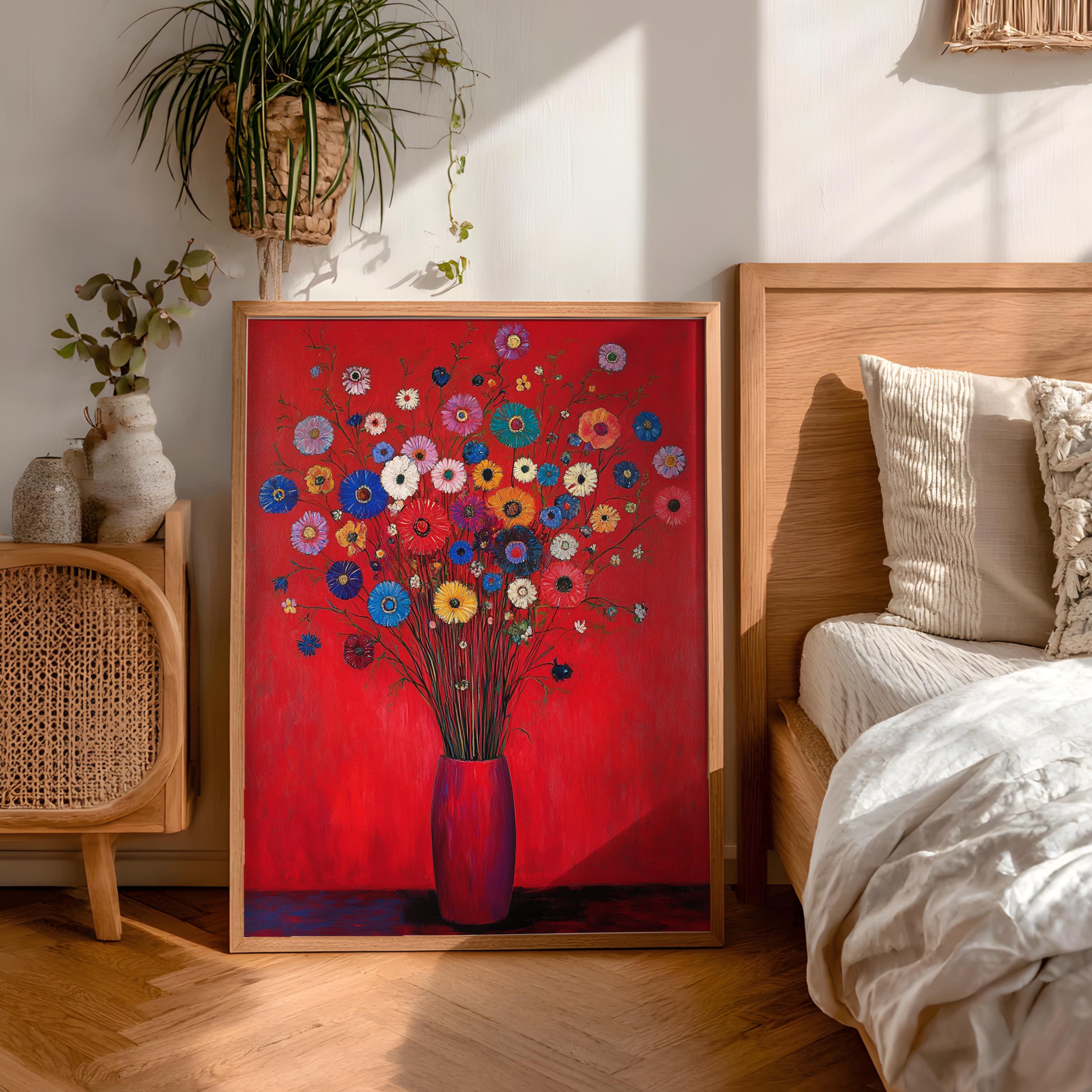 Red Floral Wall Art, Vibrant Bouquet Print, Vintage Inspired Framed Canvas, Bold Botanical Home Decor, Colorful Statement Accent