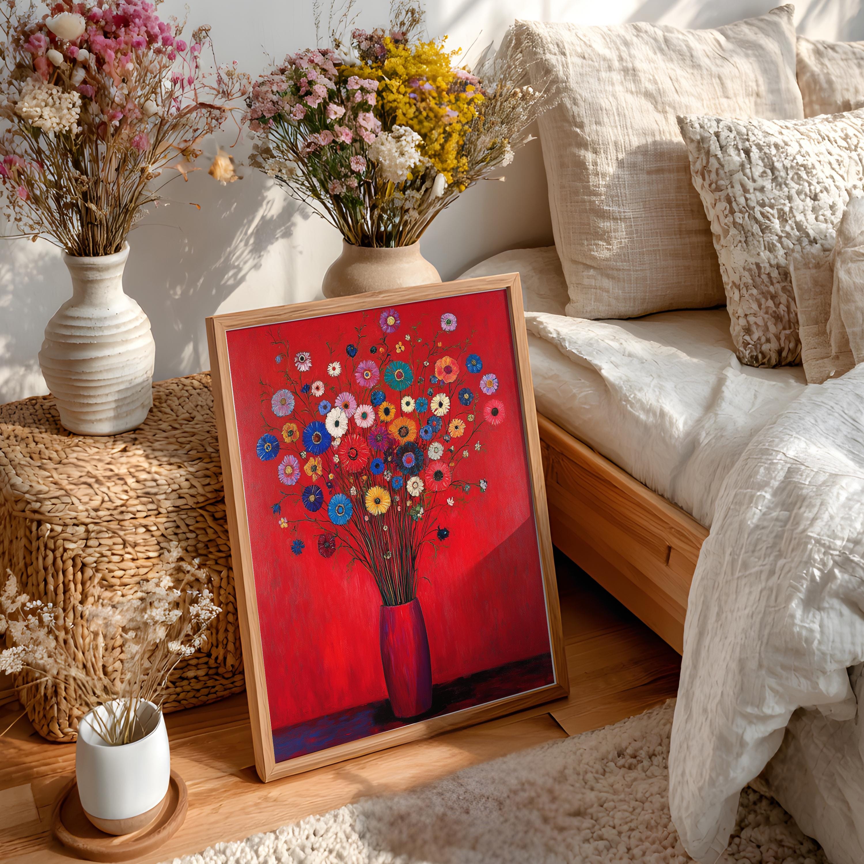 Red Floral Wall Art, Vibrant Bouquet Print, Vintage Inspired Framed Canvas, Bold Botanical Home Decor, Colorful Statement Accent