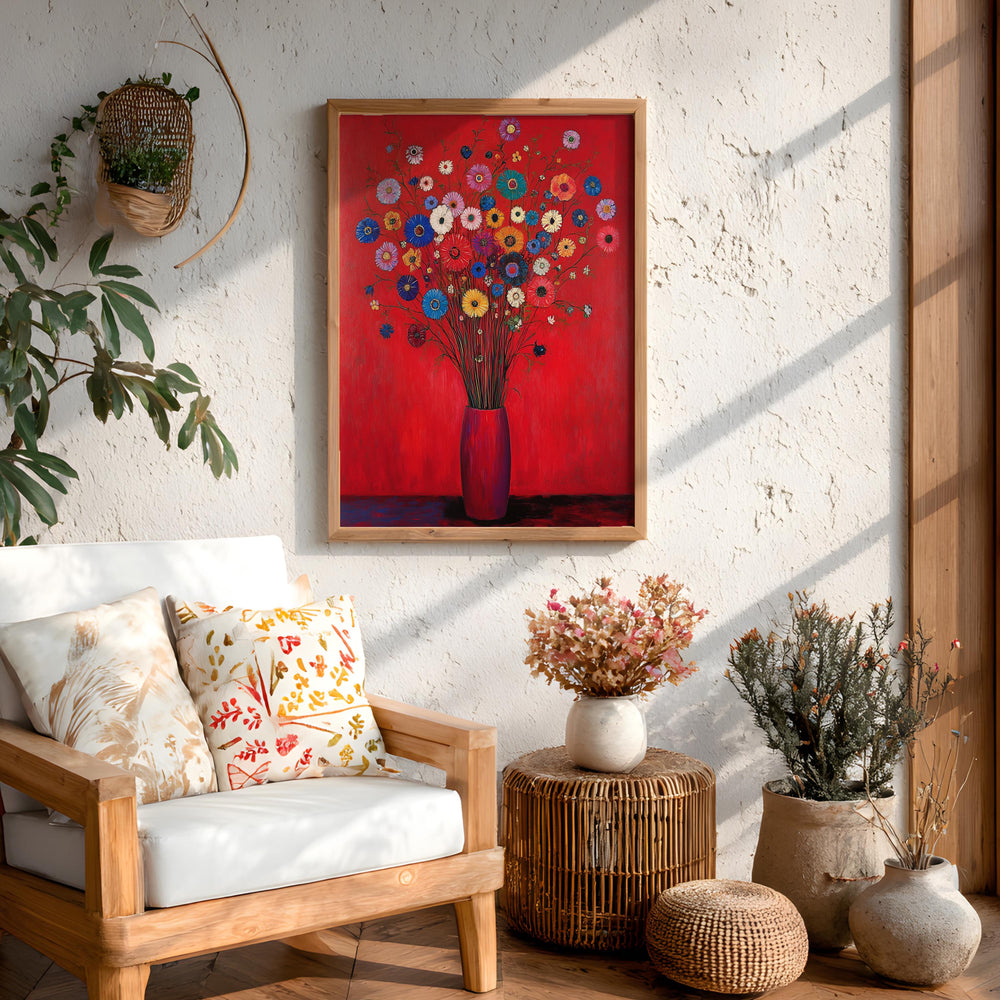 Red Floral Wall Art, Vibrant Bouquet Print, Vintage Inspired Framed Canvas, Bold Botanical Home Decor, Colorful Statement Accent