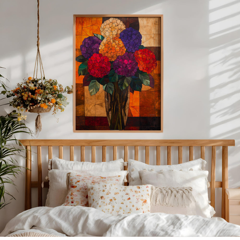 Hydrangea Floral Wall Art, Vibrant Botanical Vase Print, Vintage Inspired Framed Canvas, Bold Cottage Garden Home Decor