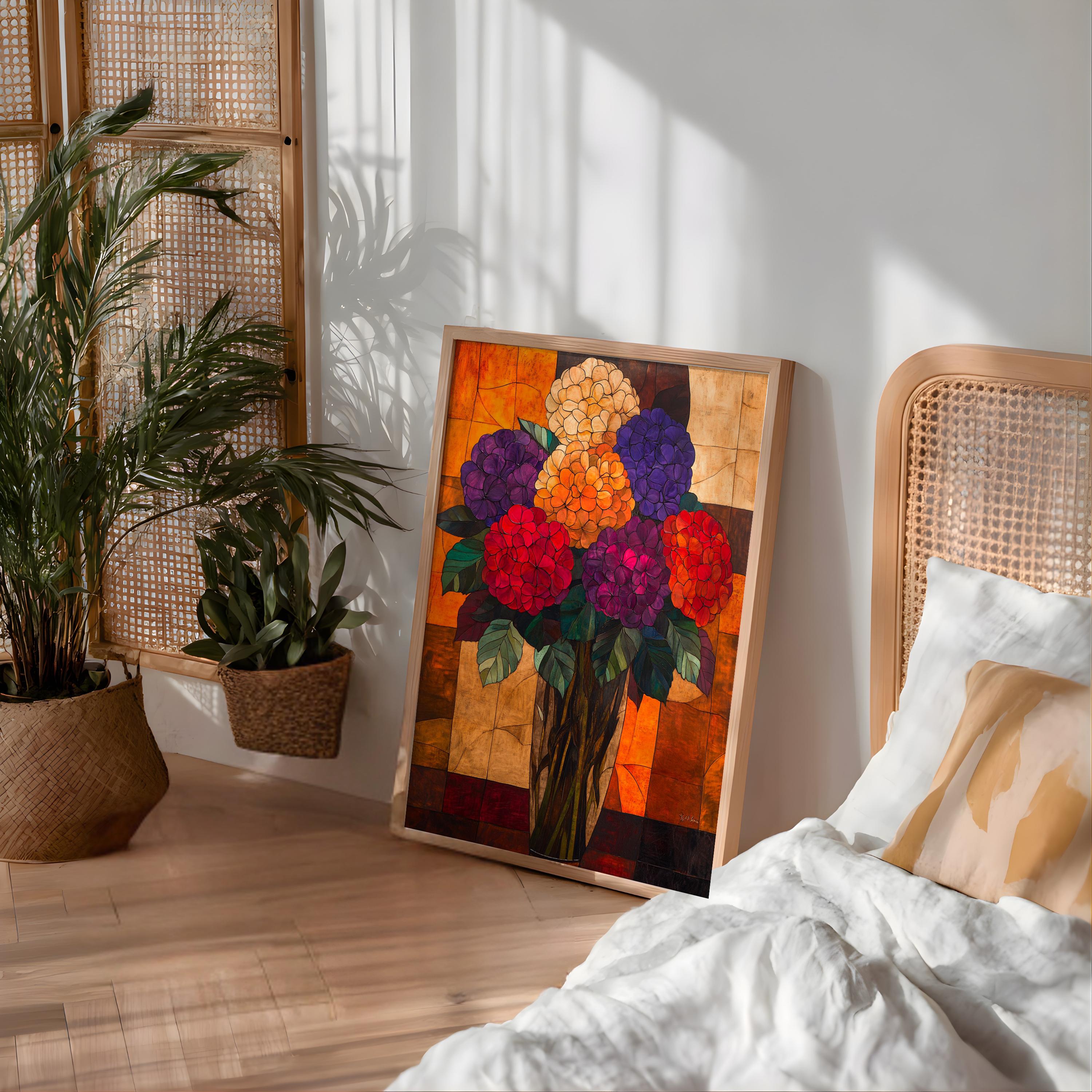 Hydrangea Floral Wall Art, Vibrant Botanical Vase Print, Vintage Inspired Framed Canvas, Bold Cottage Garden Home Decor
