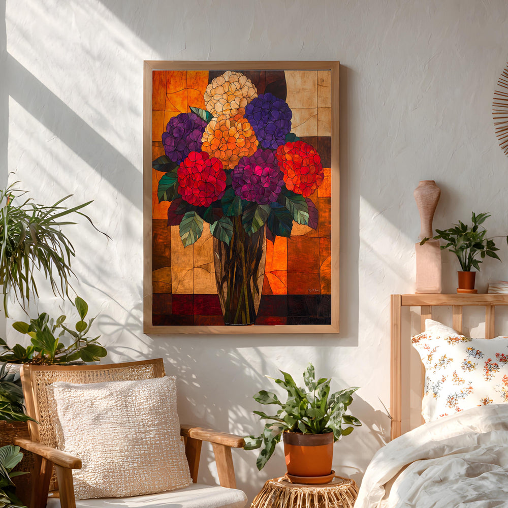 Hydrangea Floral Wall Art, Vibrant Botanical Vase Print, Vintage Inspired Framed Canvas, Bold Cottage Garden Home Decor