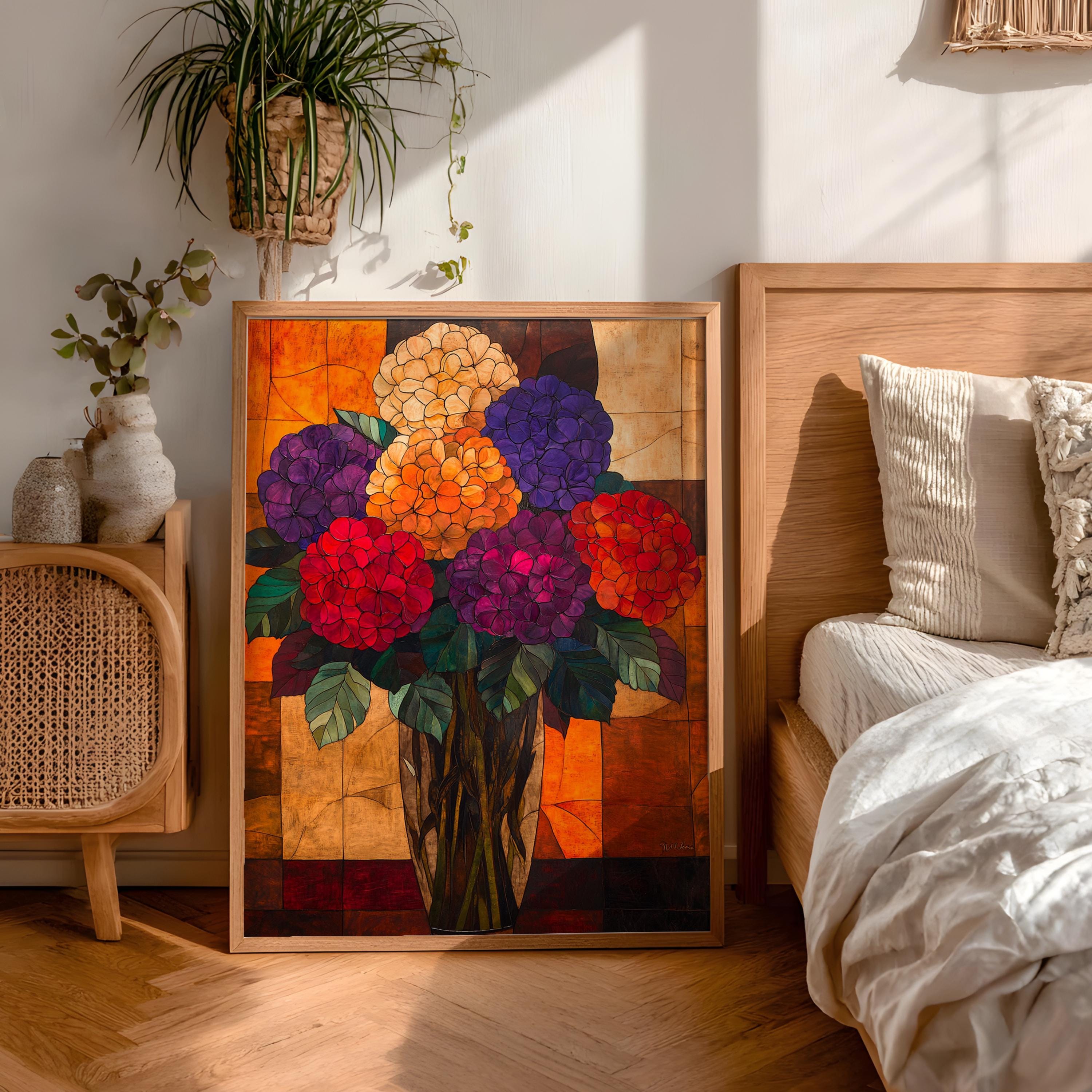 Hydrangea Floral Wall Art, Vibrant Botanical Vase Print, Vintage Inspired Framed Canvas, Bold Cottage Garden Home Decor