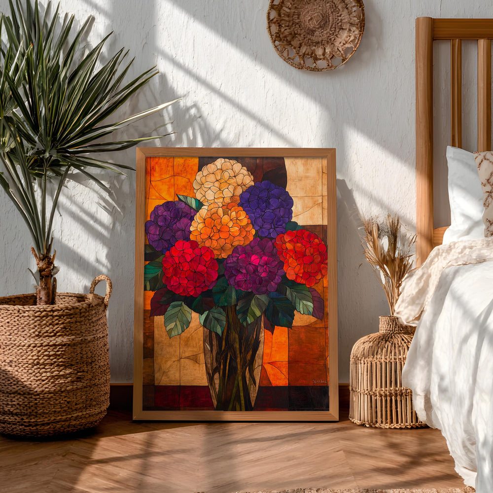 Hydrangea Floral Wall Art, Vibrant Botanical Vase Print, Vintage Inspired Framed Canvas, Bold Cottage Garden Home Decor