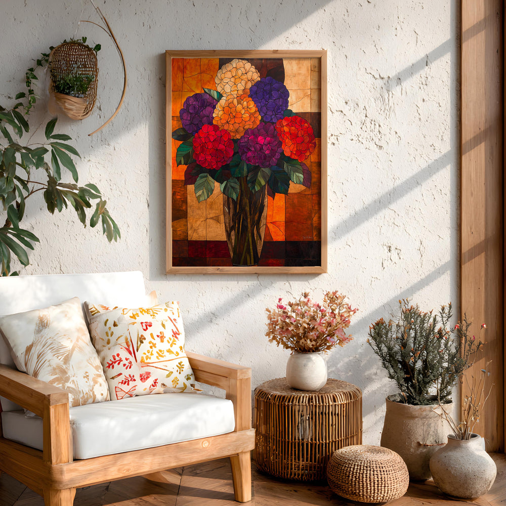 Hydrangea Floral Wall Art, Vibrant Botanical Vase Print, Vintage Inspired Framed Canvas, Bold Cottage Garden Home Decor
