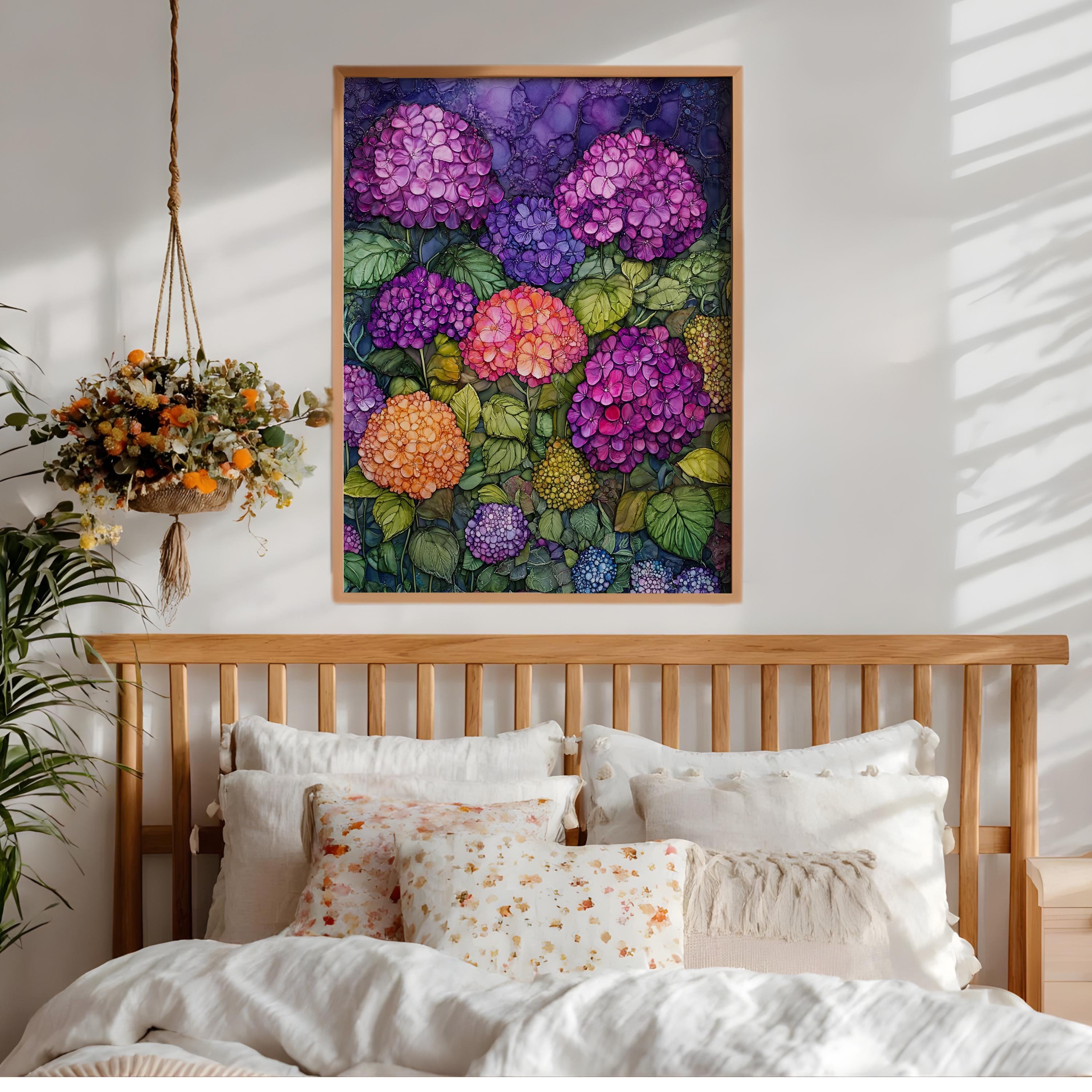 Hydrangea Garden Wall Art, Vibrant Botanical Print, Vintage Inspired Framed Canvas, Colorful Cottage Floral Home Decor