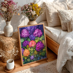 Hydrangea Garden Wall Art, Vibrant Botanical Print, Vintage Inspired Framed Canvas, Colorful Cottage Floral Home Decor