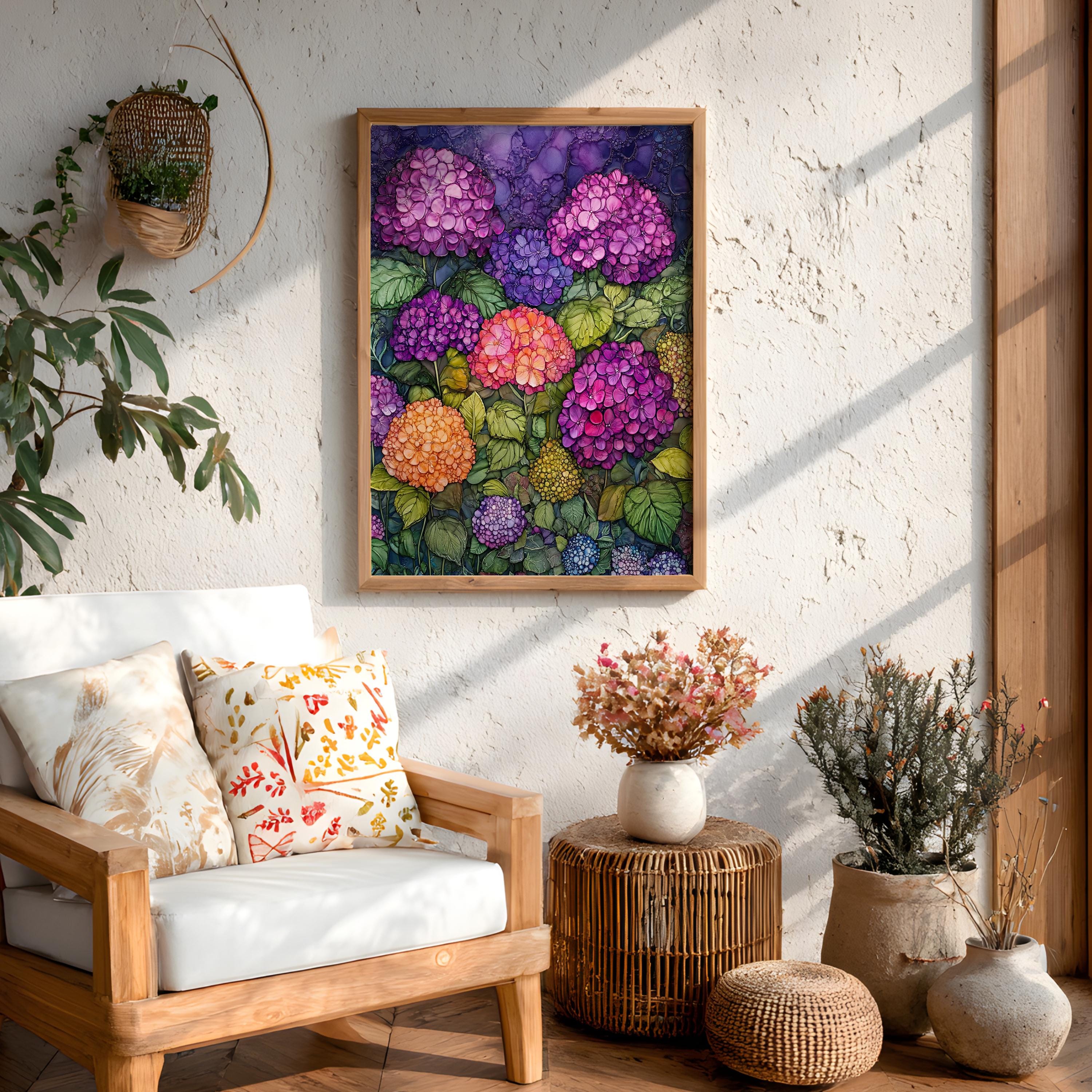 Hydrangea Garden Wall Art, Vibrant Botanical Print, Vintage Inspired Framed Canvas, Colorful Cottage Floral Home Decor