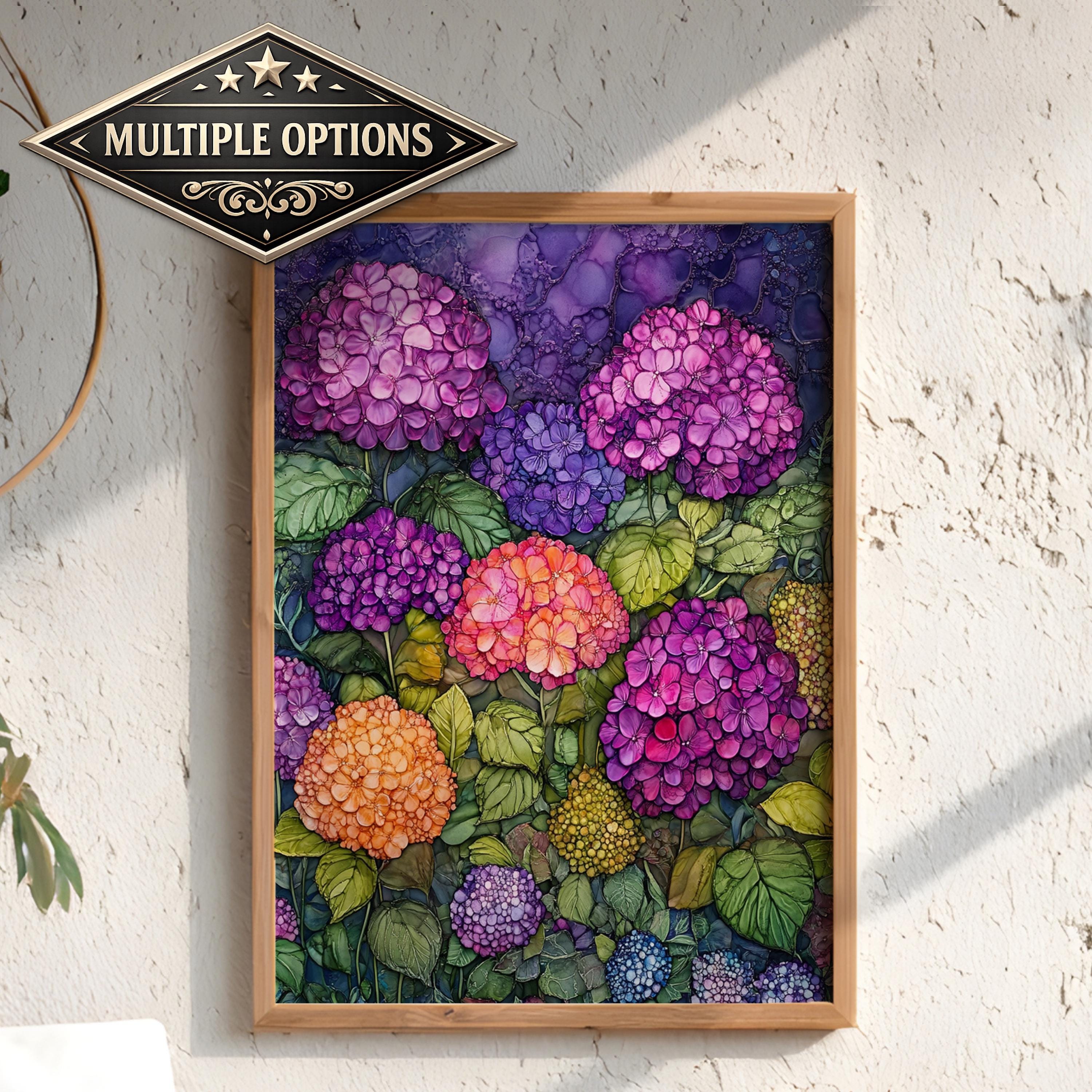 Hydrangea Garden Wall Art, Vibrant Botanical Print, Vintage Inspired Framed Canvas, Colorful Cottage Floral Home Decor