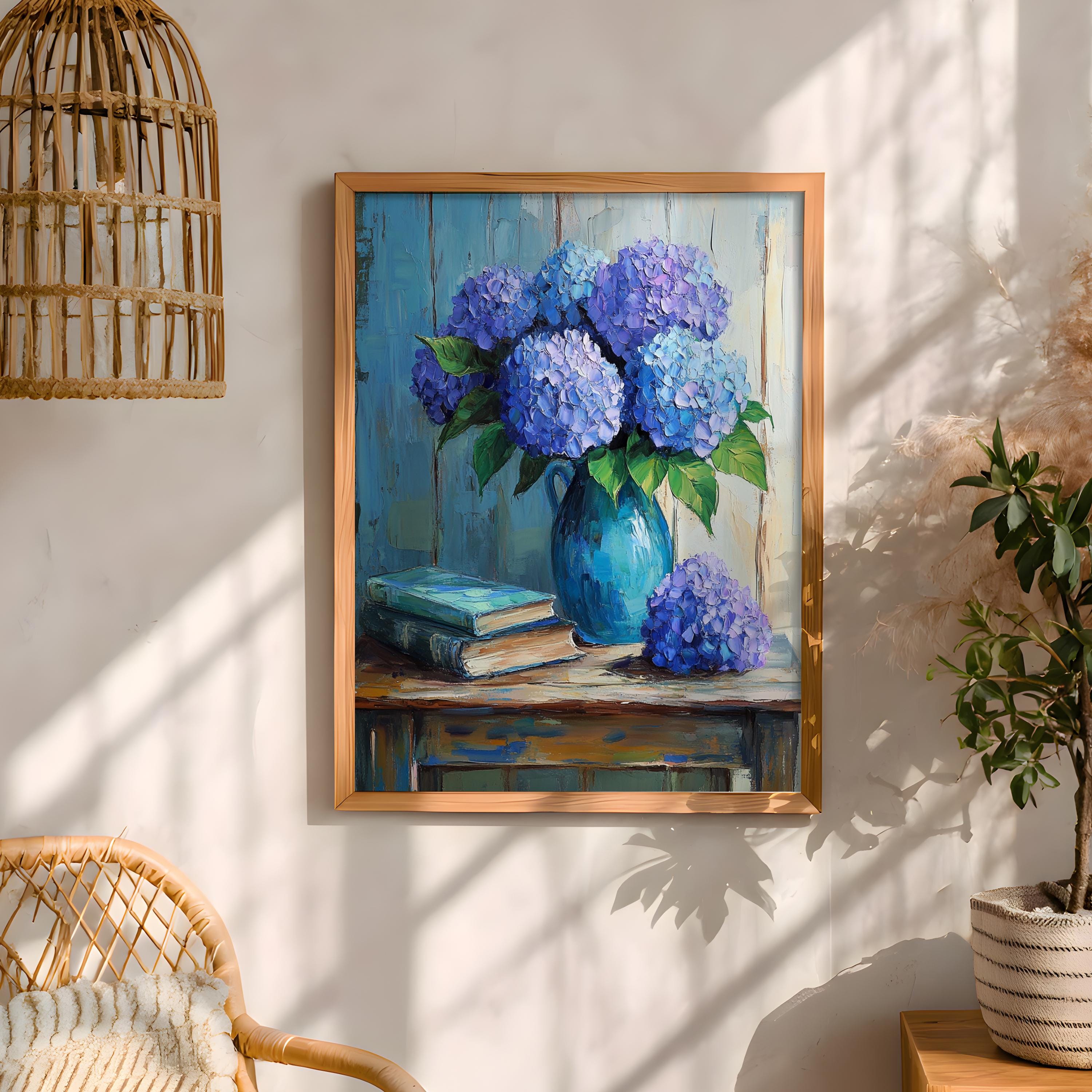 Blue Hydrangea Wall Art, Vintage Floral Still Life Print, Cottage Farmhouse Framed Canvas Decor, Rustic Botanical Home Accent