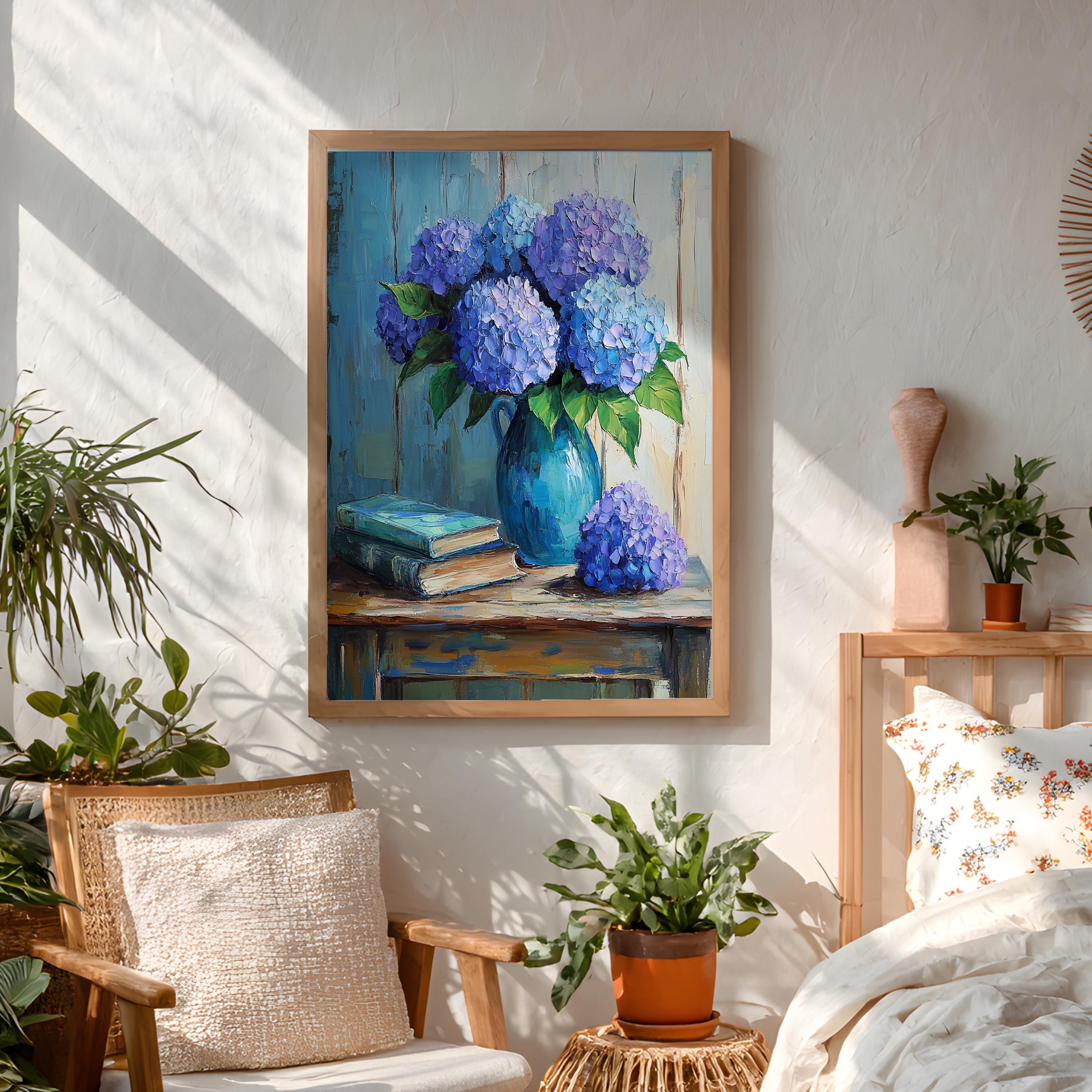 Blue Hydrangea Wall Art, Vintage Floral Still Life Print, Cottage Farmhouse Framed Canvas Decor, Rustic Botanical Home Accent