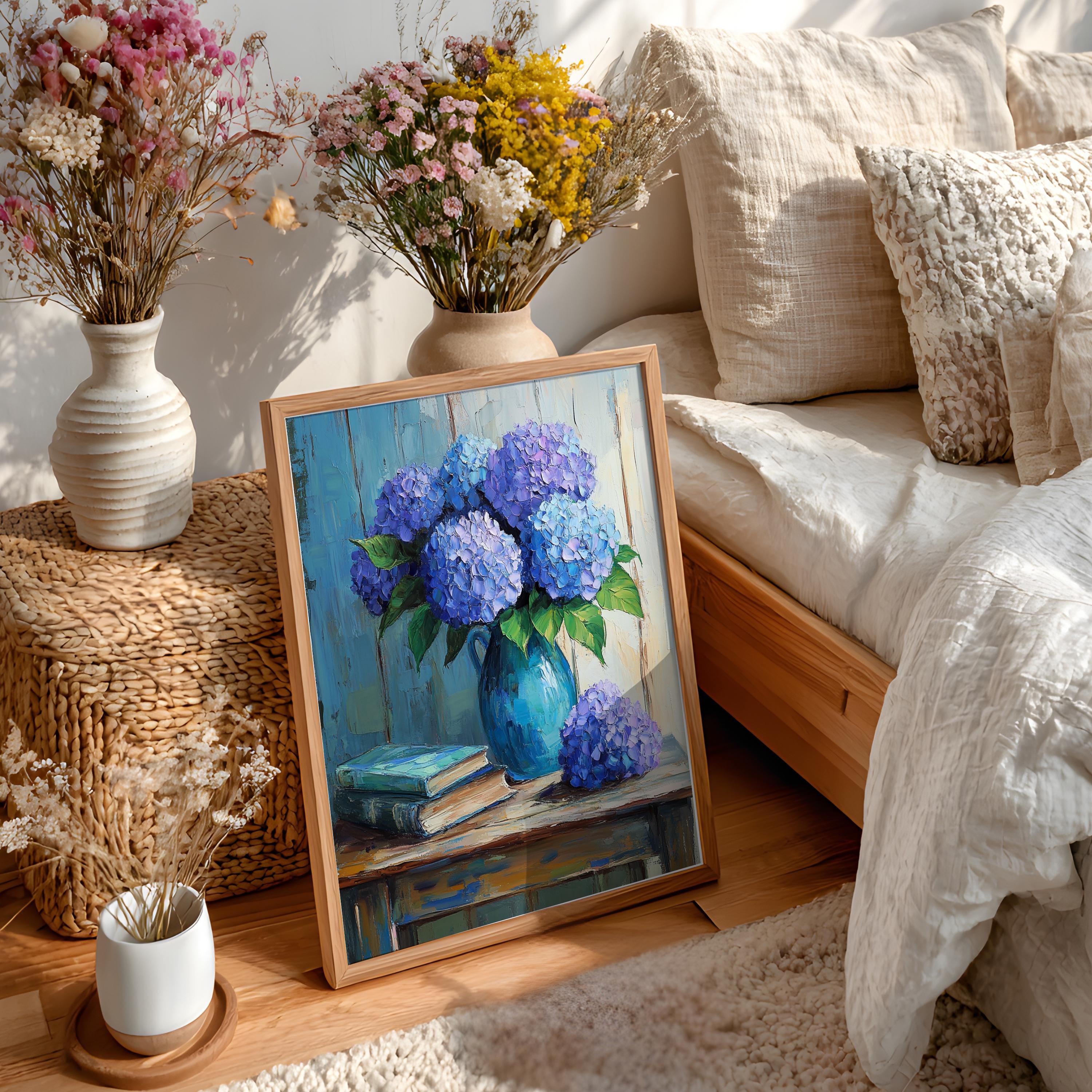 Blue Hydrangea Wall Art, Vintage Floral Still Life Print, Cottage Farmhouse Framed Canvas Decor, Rustic Botanical Home Accent