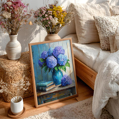 Blue Hydrangea Wall Art, Vintage Floral Still Life Print, Cottage Farmhouse Framed Canvas Decor, Rustic Botanical Home Accent