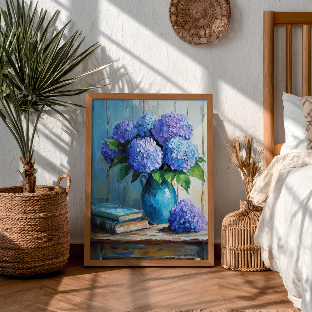 Blue Hydrangea Wall Art, Vintage Floral Still Life Print, Cottage Farmhouse Framed Canvas Decor, Rustic Botanical Home Accent