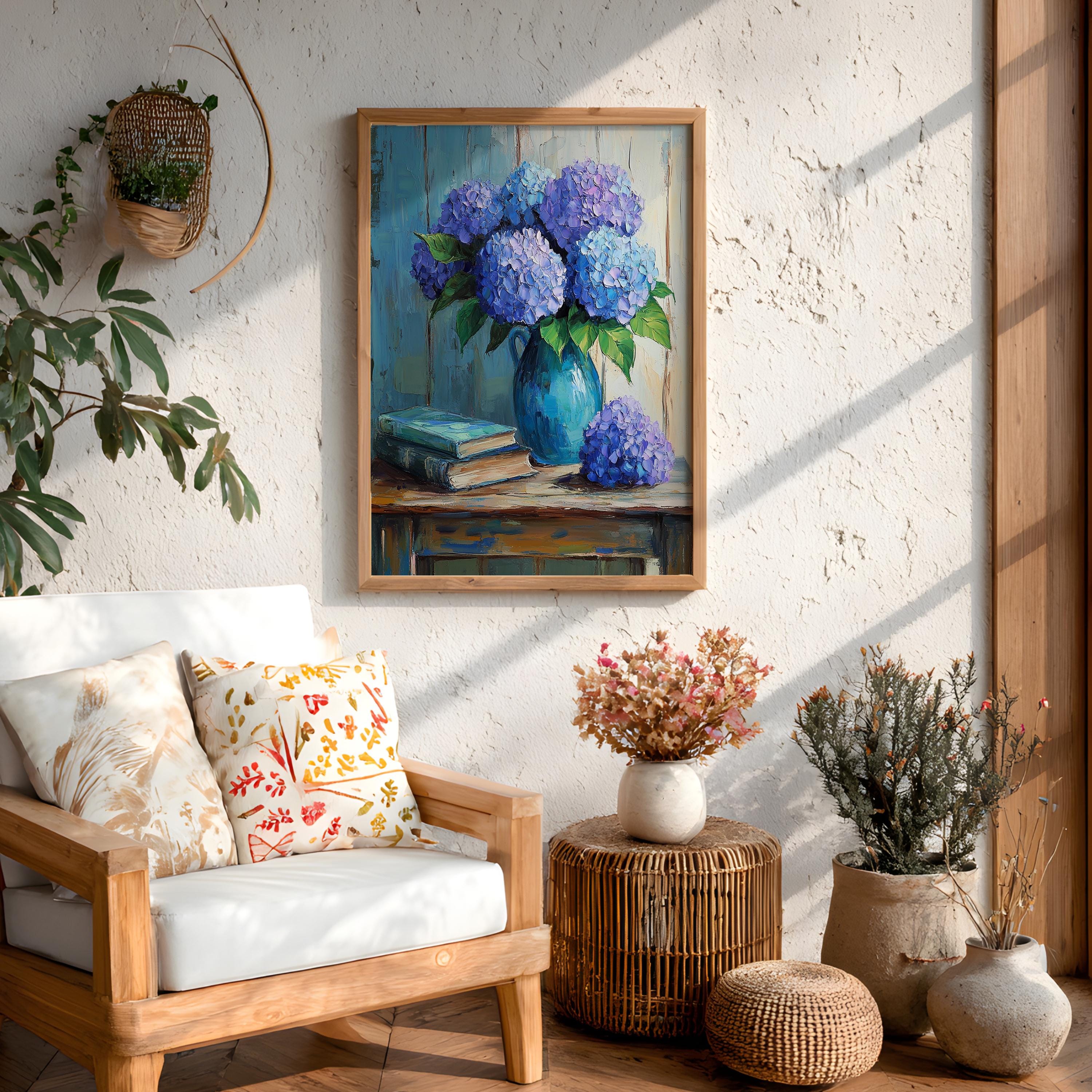 Blue Hydrangea Wall Art, Vintage Floral Still Life Print, Cottage Farmhouse Framed Canvas Decor, Rustic Botanical Home Accent
