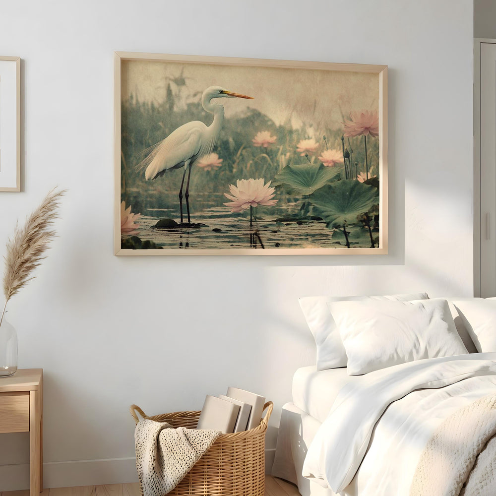 White Heron Wall Art Landscape, Serene Bird Nature Canvas Print, Water Lily Pond Wildlife Decor, Coastal Cottage Wall Art