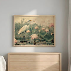 White Heron Wall Art Landscape, Serene Bird Nature Canvas Print, Water Lily Pond Wildlife Decor, Coastal Cottage Wall Art