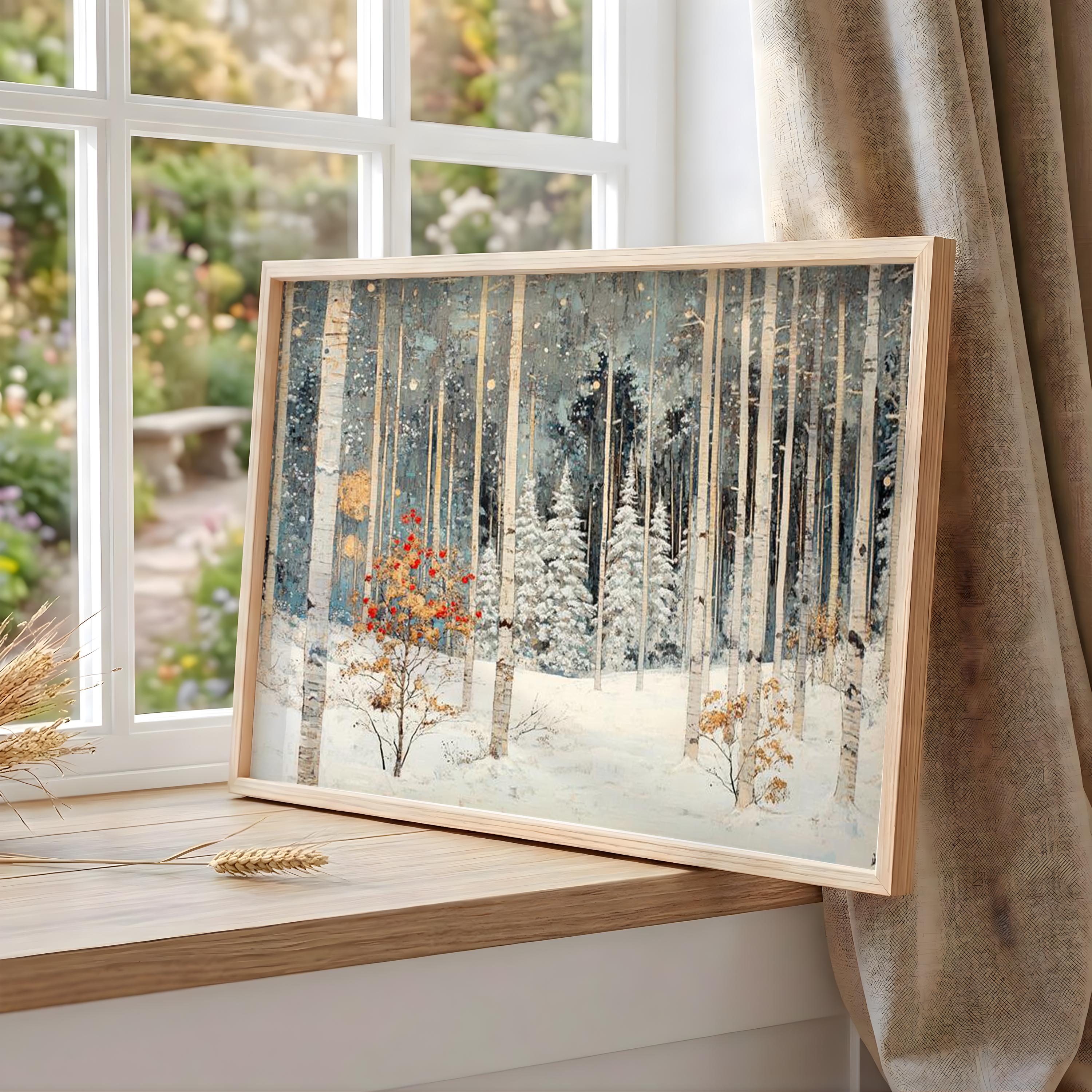Winter Birch Forest Wall Art Landscape, Snow Woodland Canvas Print, Rustic Cabin Winter Decor, Nature Forest Wall Art