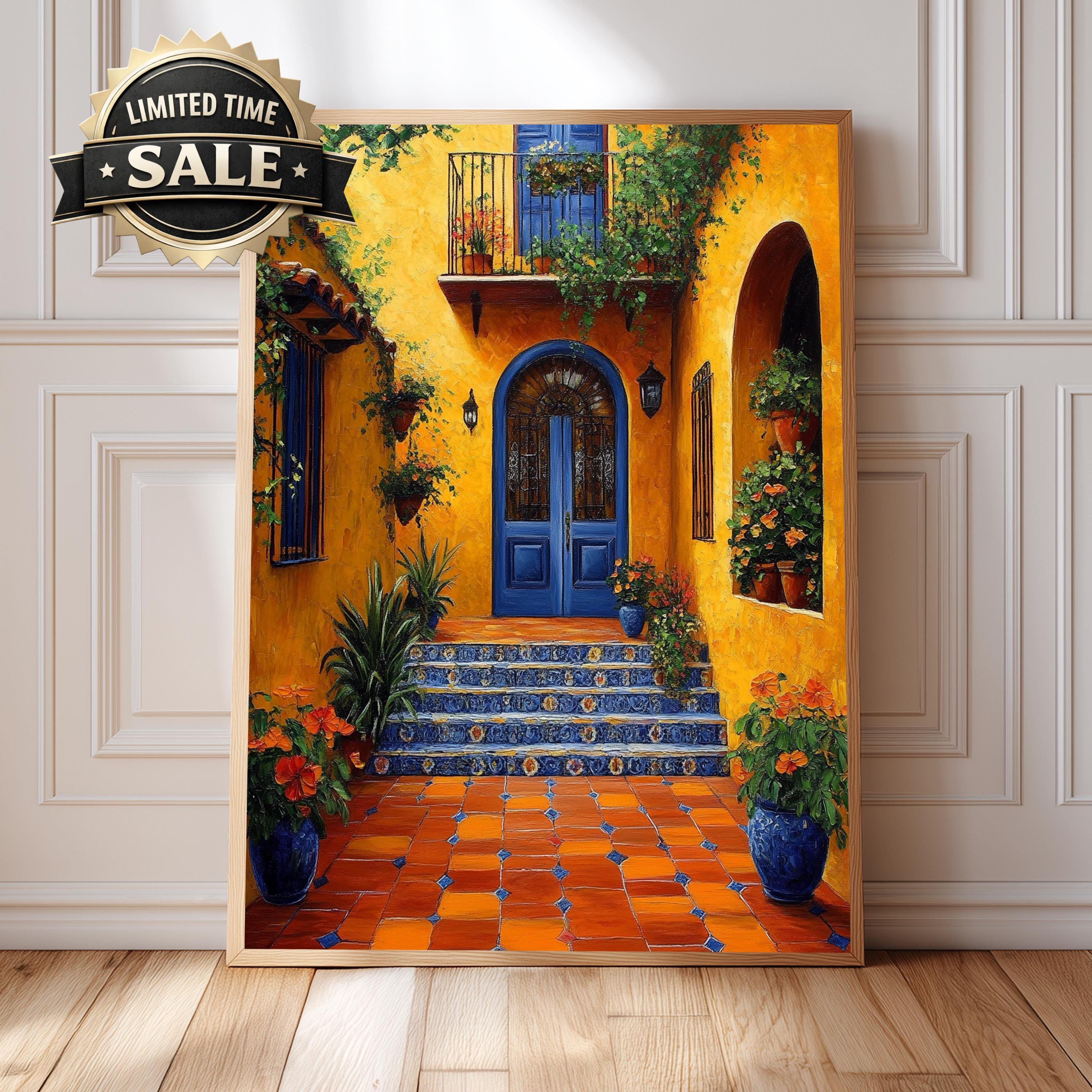 Spanish Courtyard Wall Art, Yellow Villa Door Framed Canvas, Mediterranean Patio Floral Artwork Print, Vibrant Rustic Home Decor