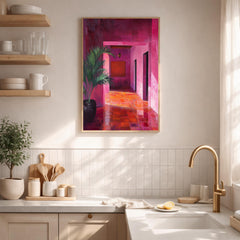 Pink Hallway Wall Art, Modern Interior Framed Canvas, Bold Abstract Architecture Artwork Print, Contemporary Home Decor