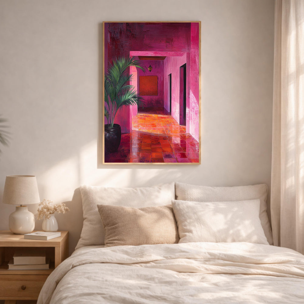 Pink Hallway Wall Art, Modern Interior Framed Canvas, Bold Abstract Architecture Artwork Print, Contemporary Home Decor