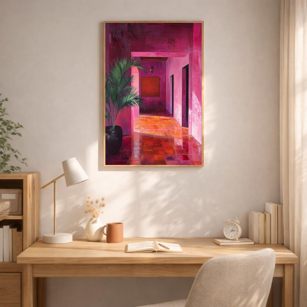 Pink Hallway Wall Art, Modern Interior Framed Canvas, Bold Abstract Architecture Artwork Print, Contemporary Home Decor