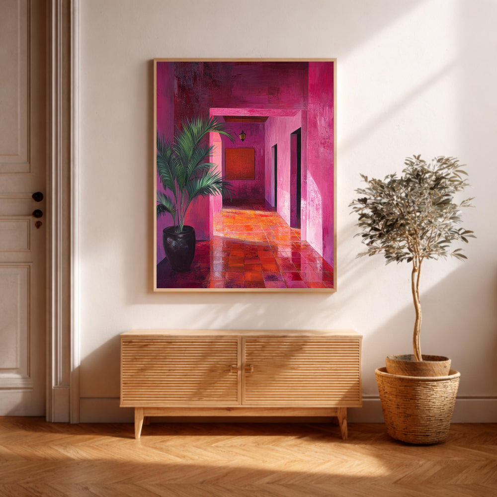 Pink Hallway Wall Art, Modern Interior Framed Canvas, Bold Abstract Architecture Artwork Print, Contemporary Home Decor
