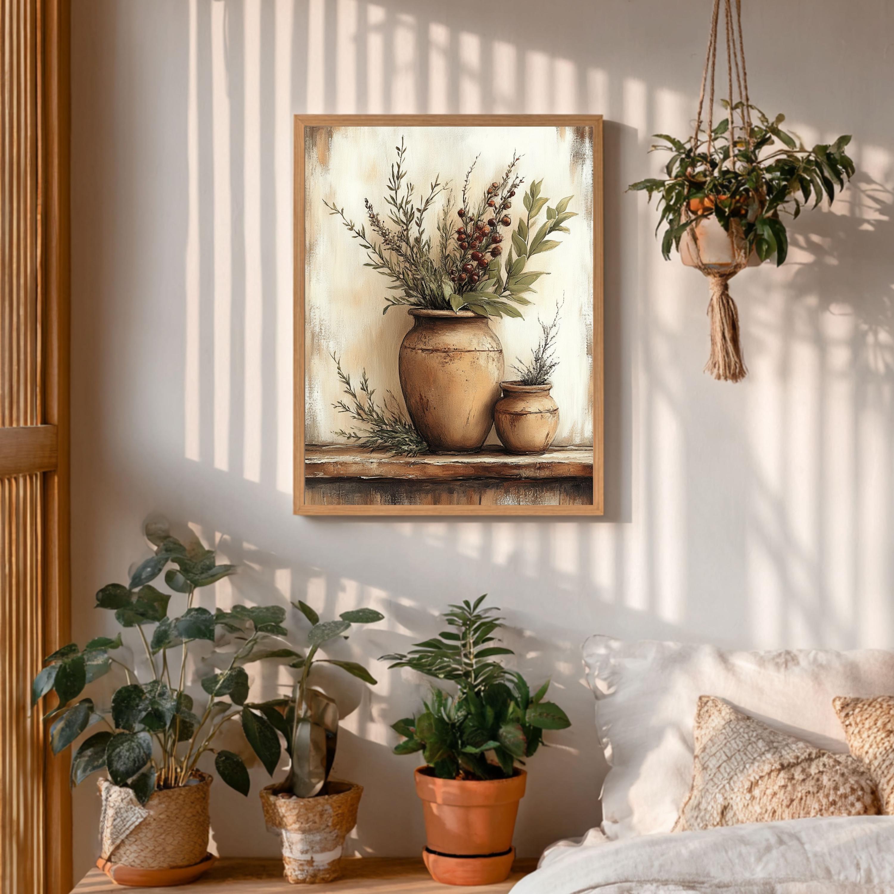 Rustic Kitchen Wall Art, Farmhouse Herb Still Life Framed Canvas, Vintage Botanical Print, Country Cottage Kitchen Decor