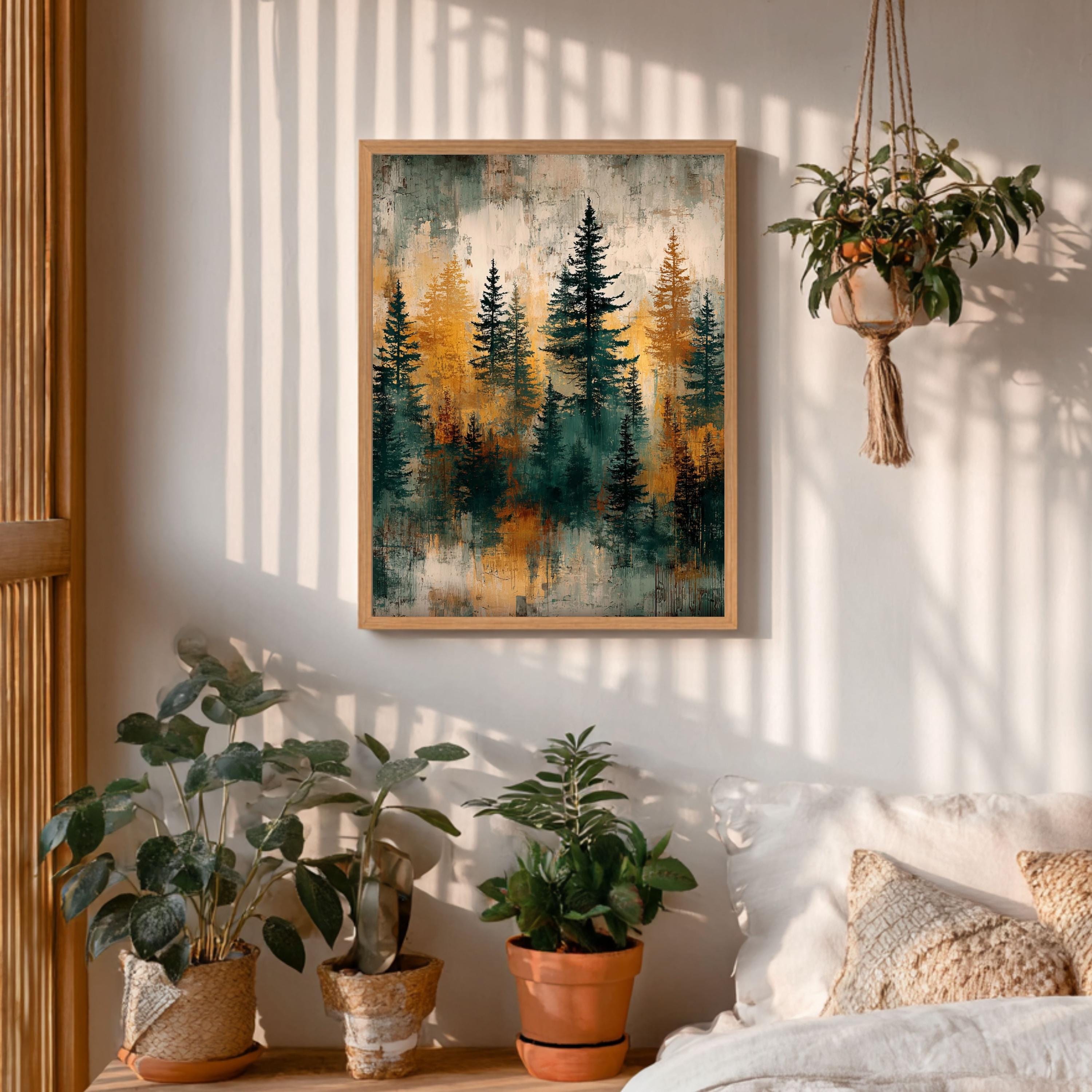 Rustic Forest Wall Art, Abstract Pine Tree Canvas Print, Moody Woodland Landscape Framed Decor, Cabin Nature Home Accent