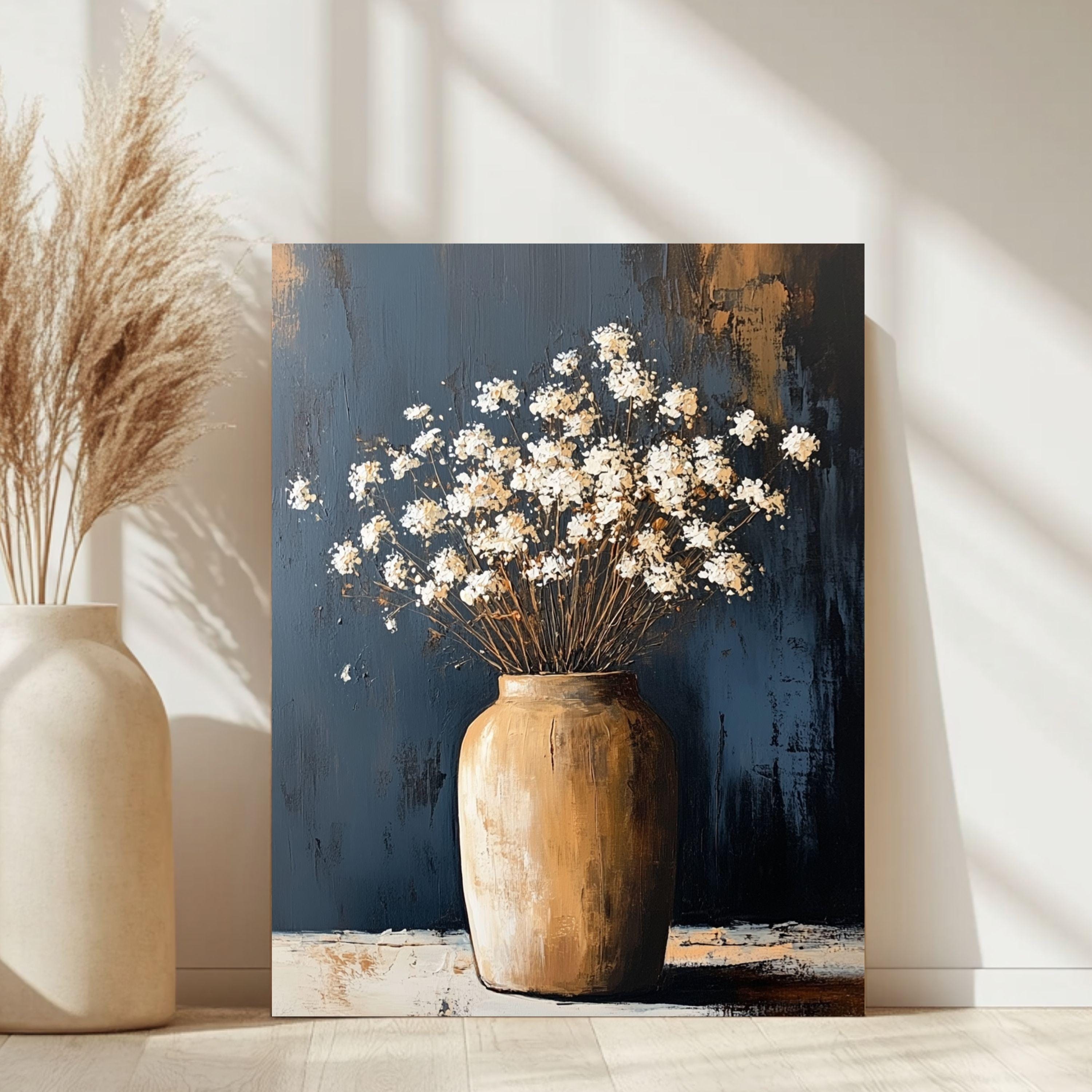 Neutral Floral Wall Art, Rustic Vase Flower Canvas Print, Minimal Botanical Framed Artwork, Farmhouse Gift Home Decor