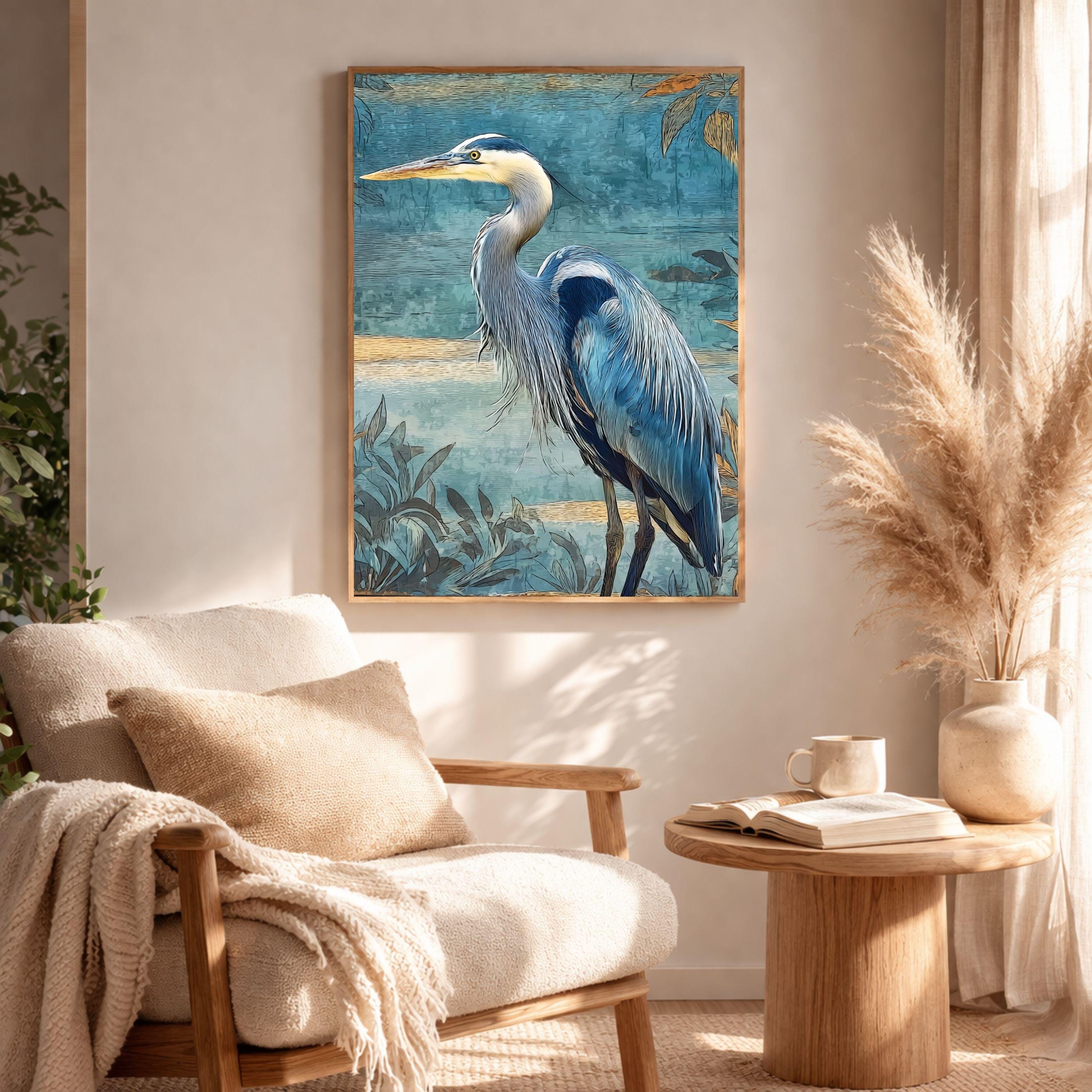 Blue Heron Wall Art, Coastal Bird Canvas Print, Nautical Wildlife Framed Artwork, Beach House Decor, Serene Nature Home Accent