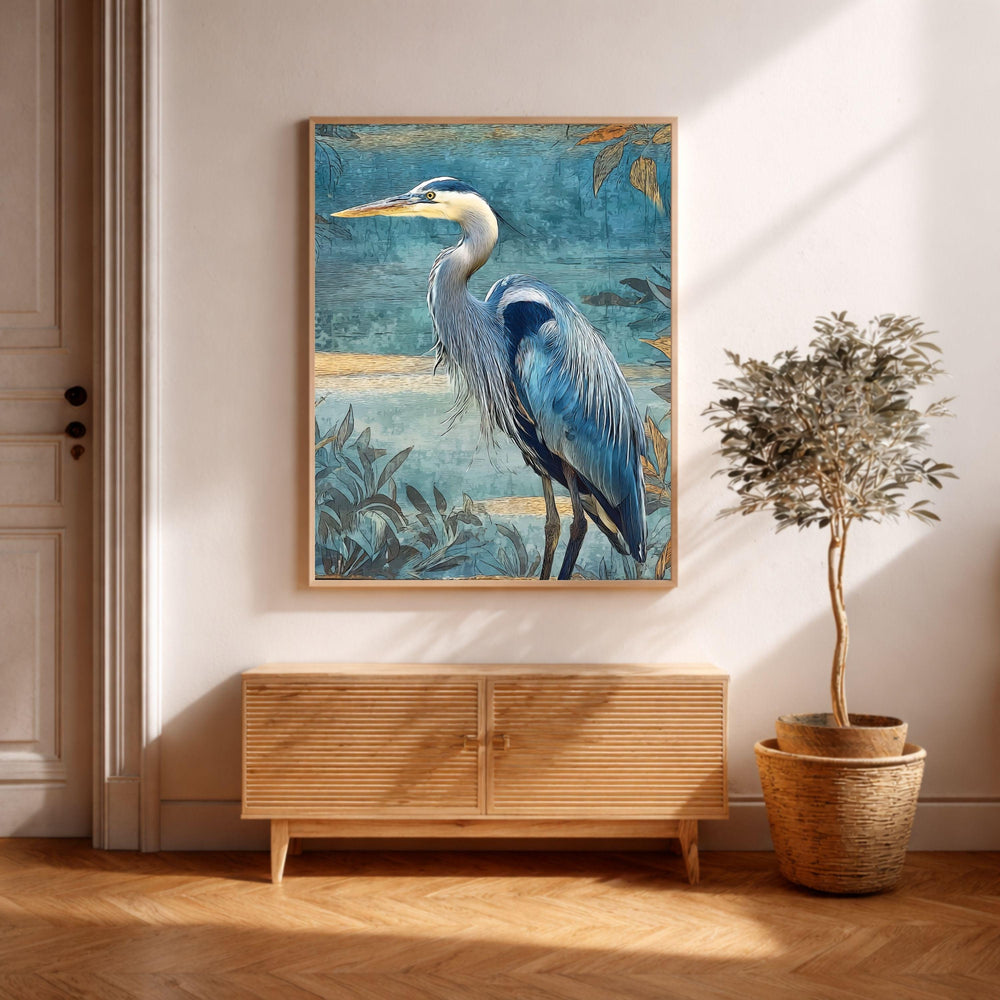 Blue Heron Wall Art, Coastal Bird Canvas Print, Nautical Wildlife Framed Artwork, Beach House Decor, Serene Nature Home Accent