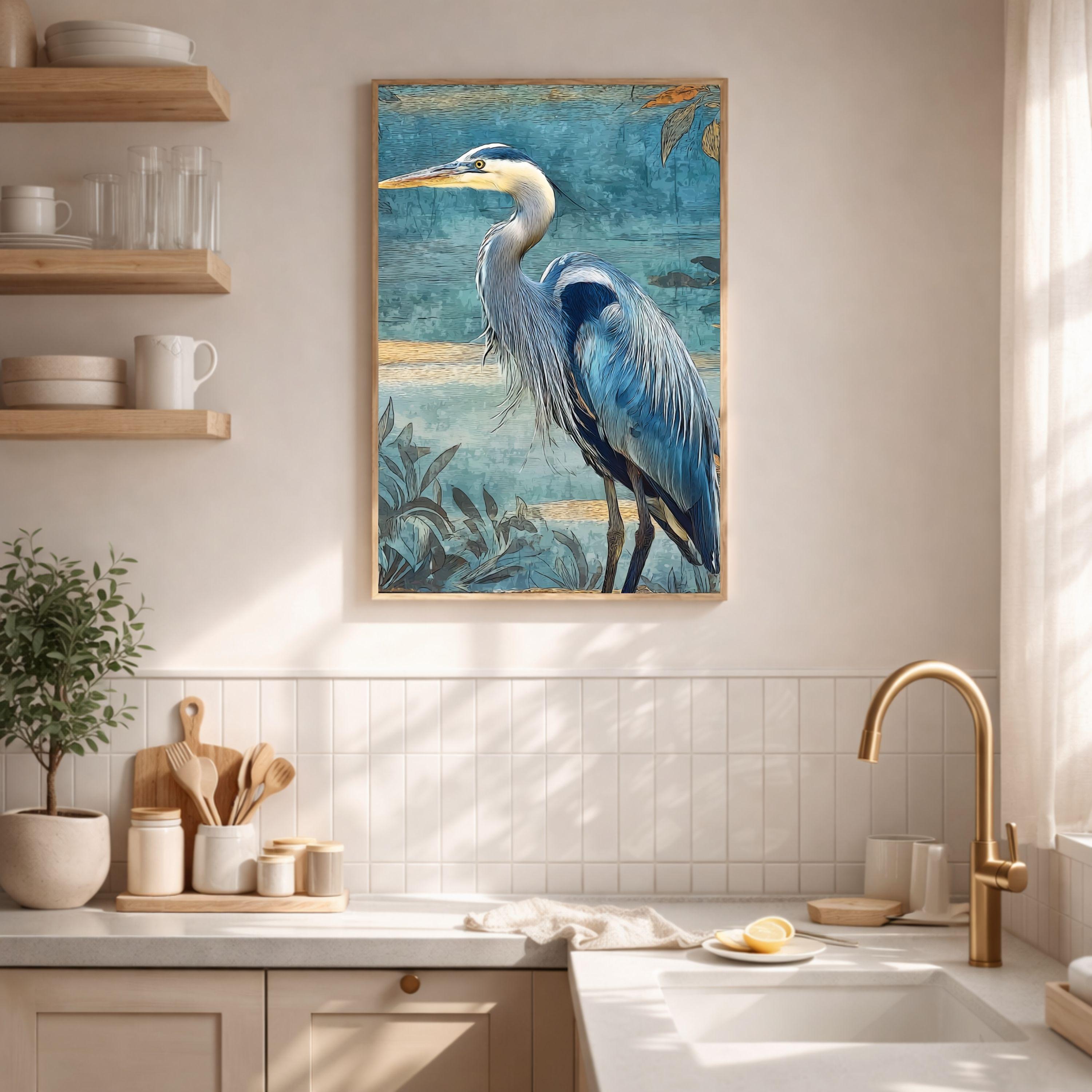 Blue Heron Wall Art, Coastal Bird Canvas Print, Nautical Wildlife Framed Artwork, Beach House Decor, Serene Nature Home Accent