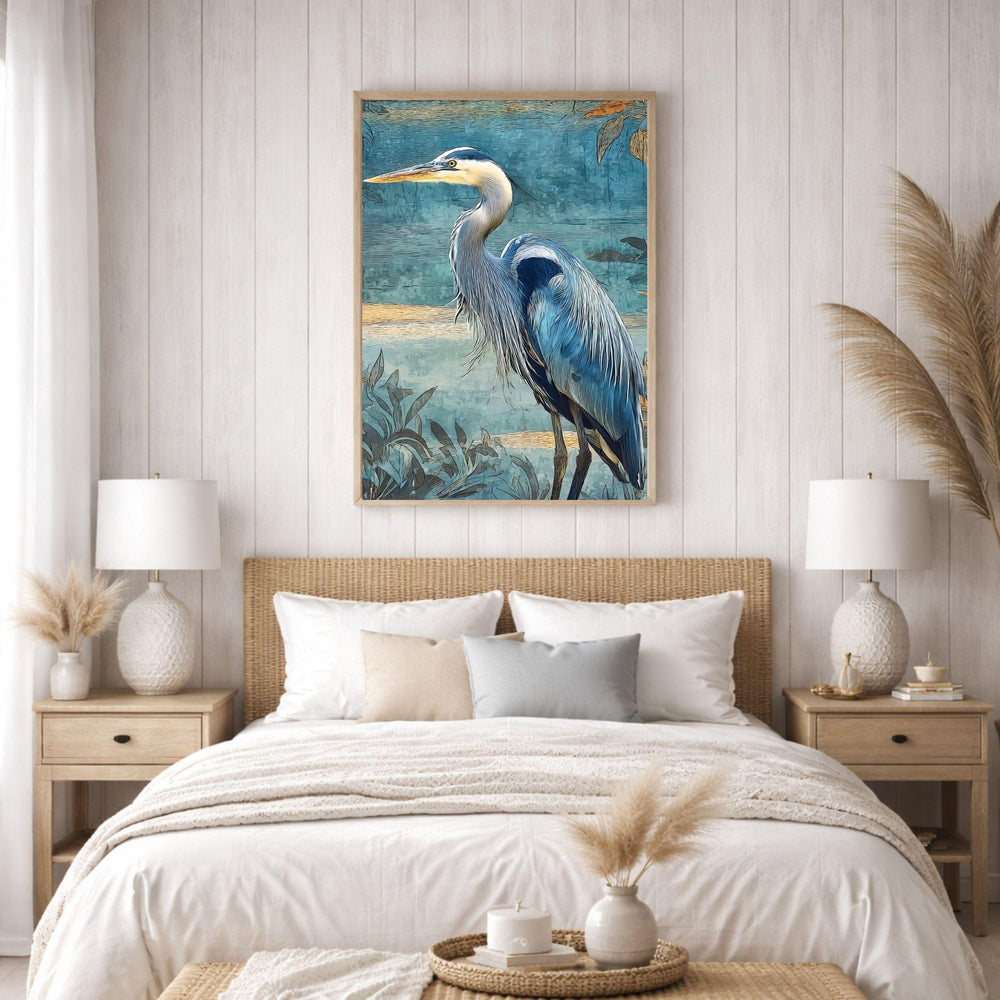 Blue Heron Wall Art, Coastal Bird Canvas Print, Nautical Wildlife Framed Artwork, Beach House Decor, Serene Nature Home Accent