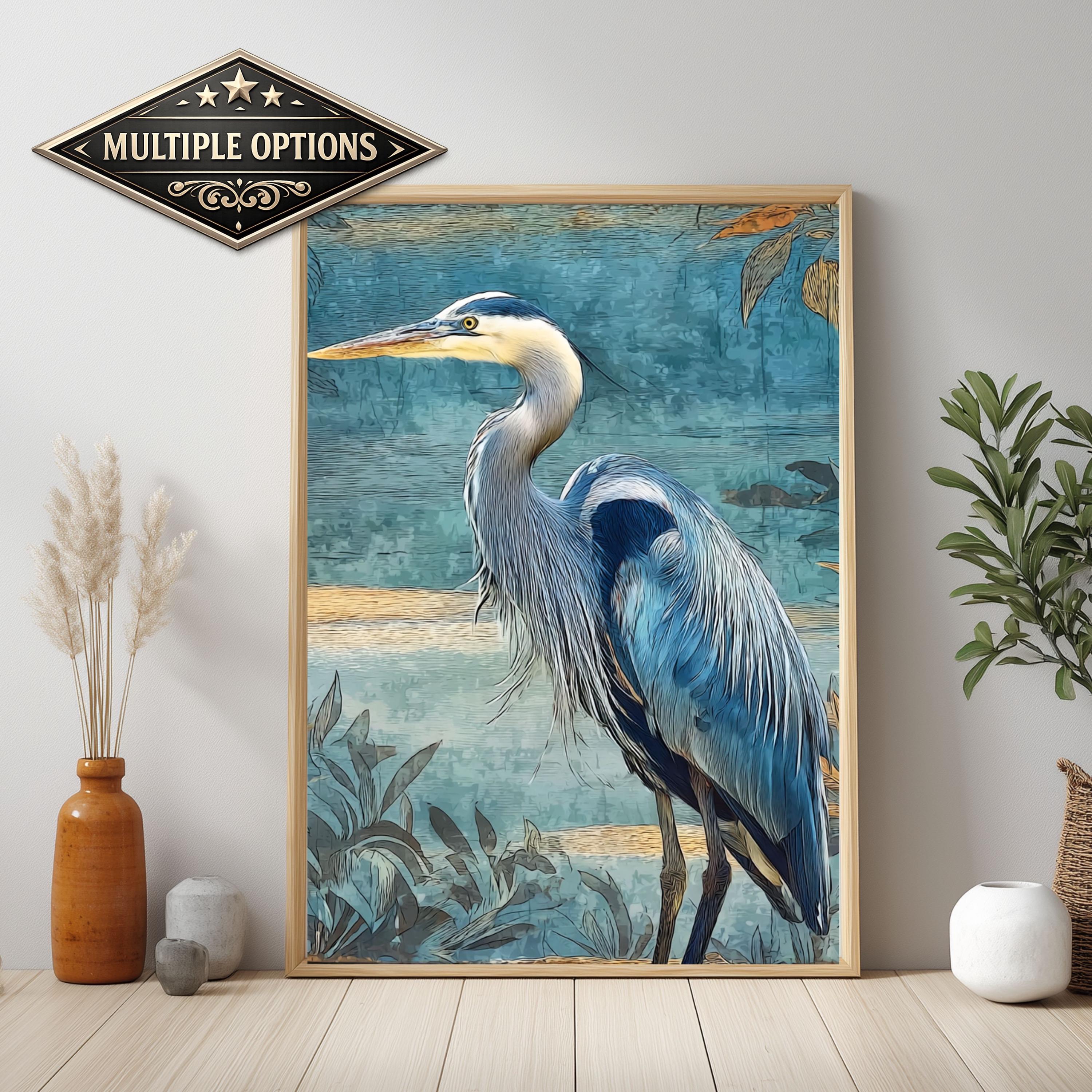 Blue Heron Wall Art, Coastal Bird Canvas Print, Nautical Wildlife Framed Artwork, Beach House Decor, Serene Nature Home Accent