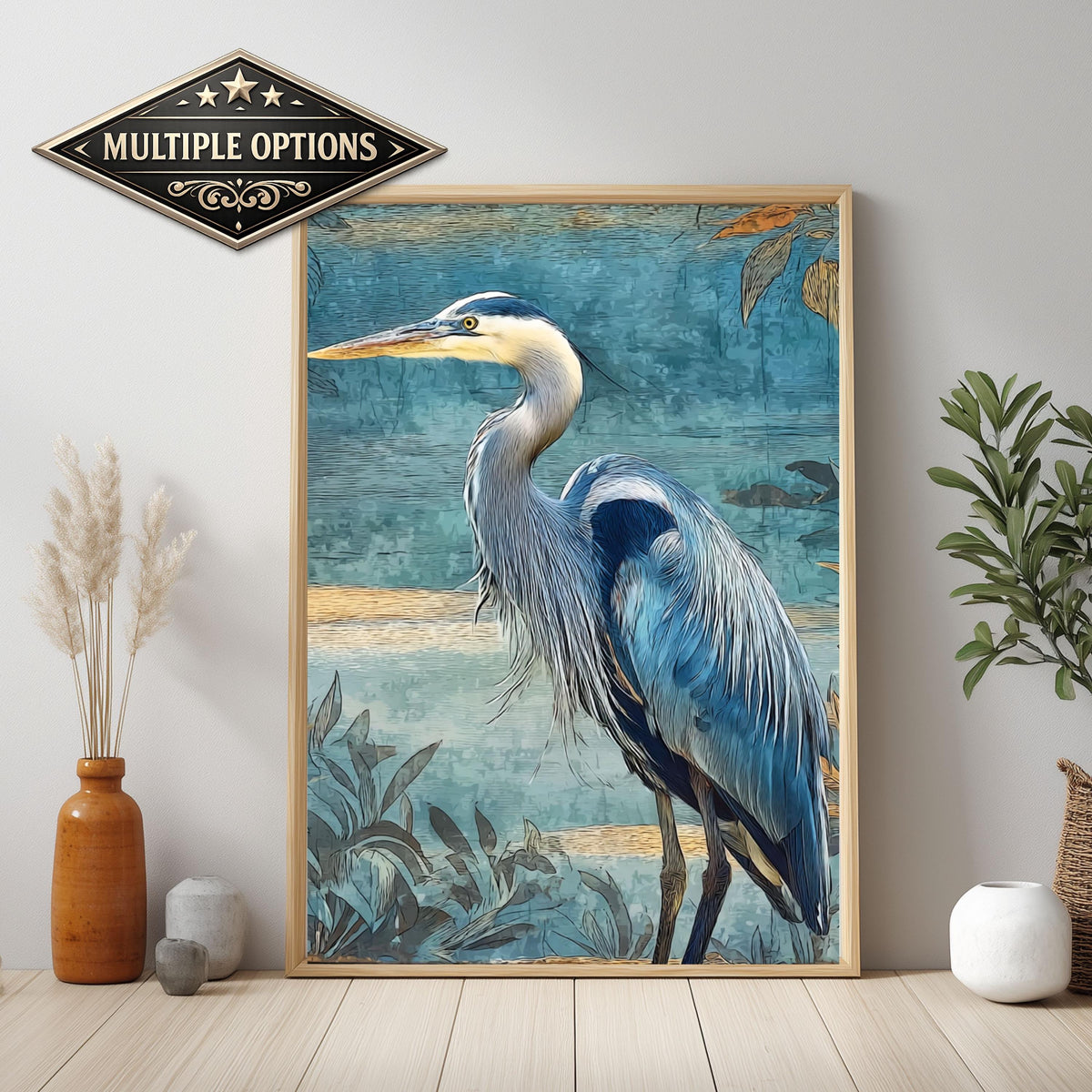 Blue Heron Wall Art, Coastal Bird Canvas Print, Nautical Wildlife Framed Artwork, Beach House Decor, Serene Nature Home Accent