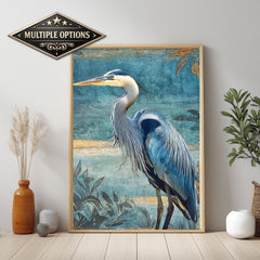 Blue Heron Wall Art, Coastal Bird Canvas Print, Nautical Wildlife Framed Artwork, Beach House Decor, Serene Nature Home Accent