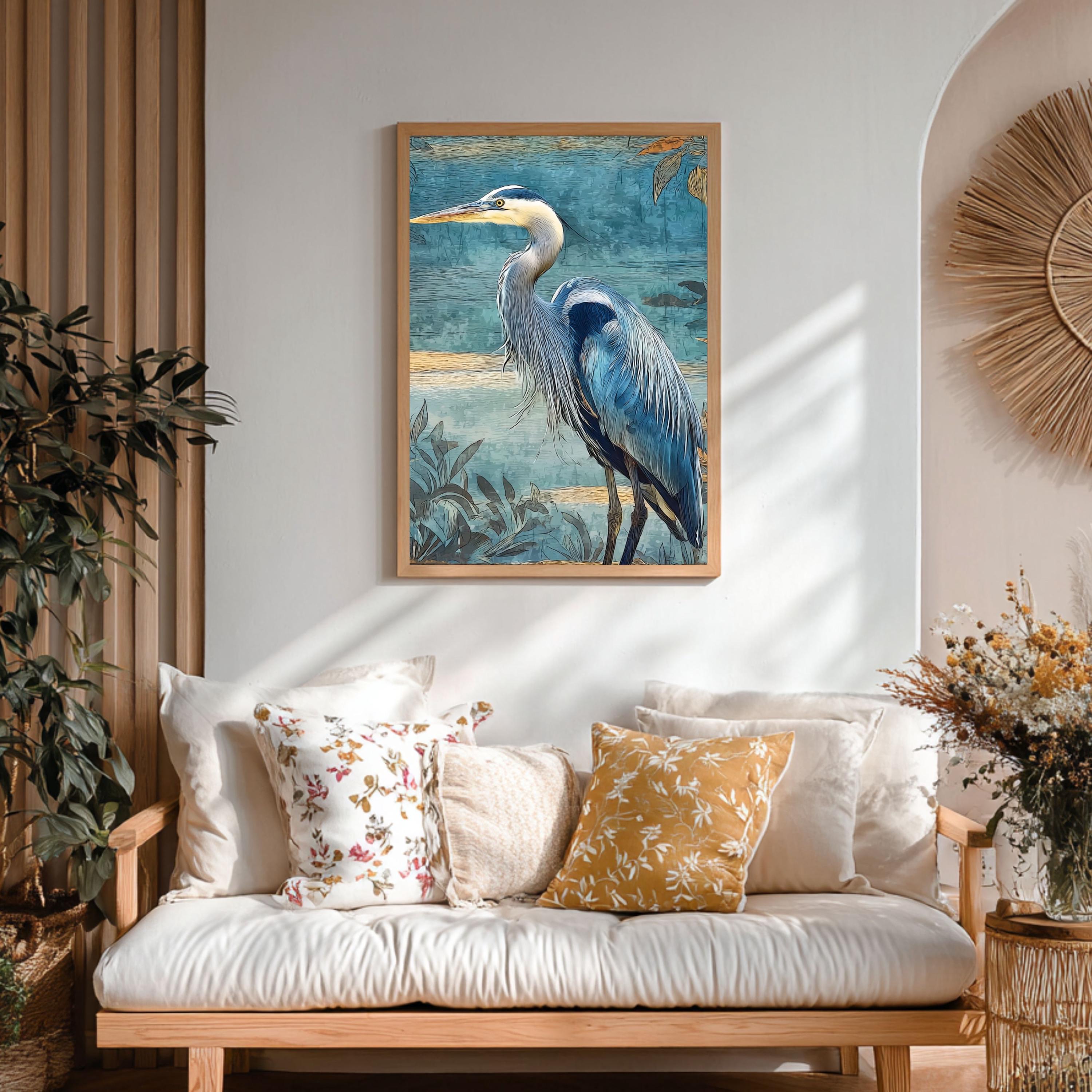 Blue Heron Wall Art, Coastal Bird Canvas Print, Nautical Wildlife Framed Artwork, Beach House Decor, Serene Nature Home Accent