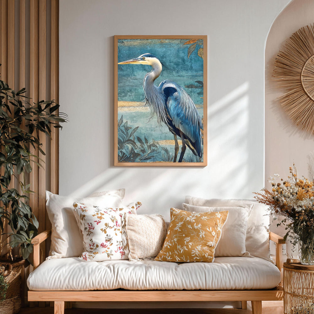 Blue Heron Wall Art, Coastal Bird Canvas Print, Nautical Wildlife Framed Artwork, Beach House Decor, Serene Nature Home Accent