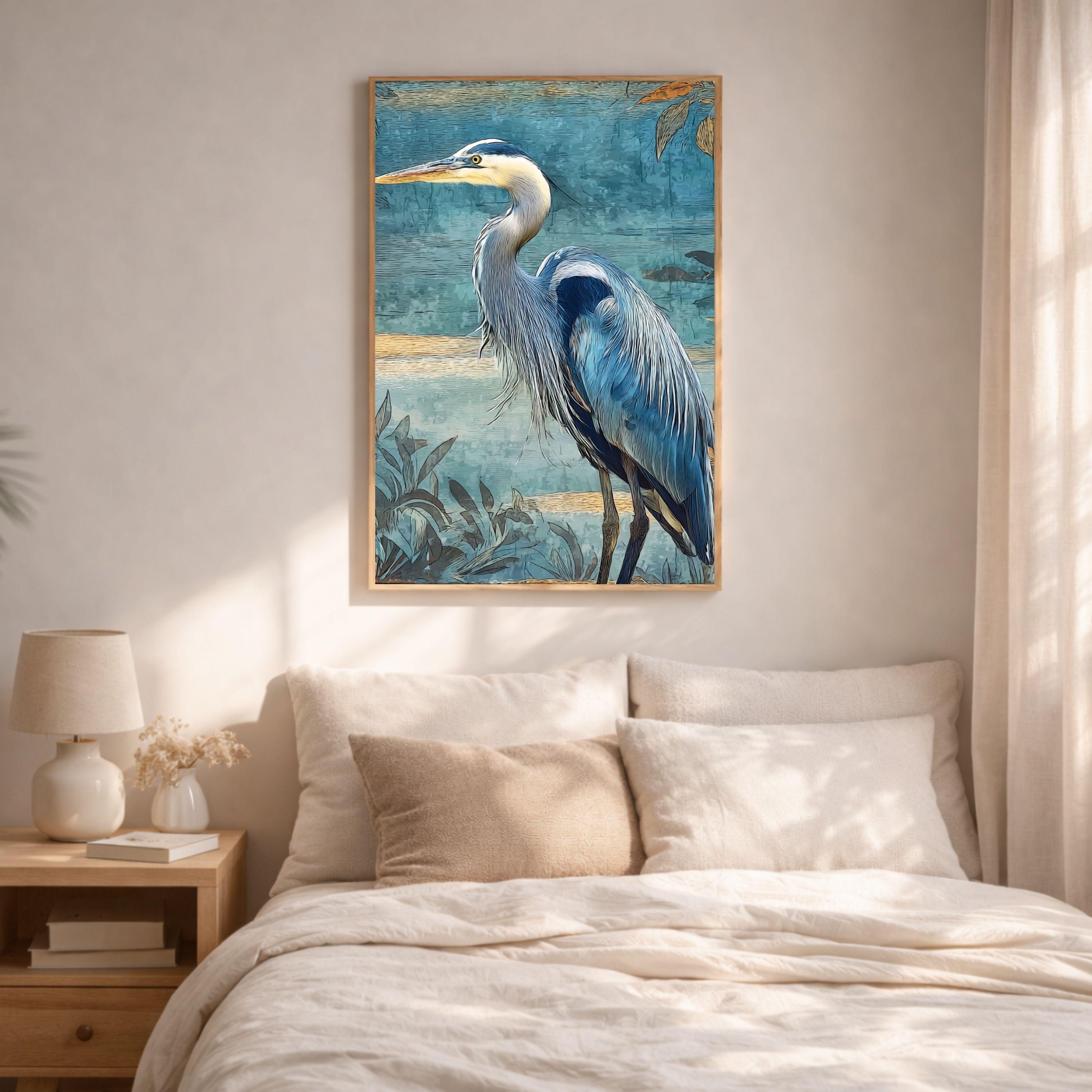 Blue Heron Wall Art, Coastal Bird Canvas Print, Nautical Wildlife Framed Artwork, Beach House Decor, Serene Nature Home Accent