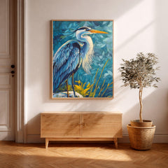 Coastal Bird Canvas Print, Blue Heron Wall Art, Nautical Wildlife Artwork, Beach House Bedroom Decor, Bold Nature Wall Art