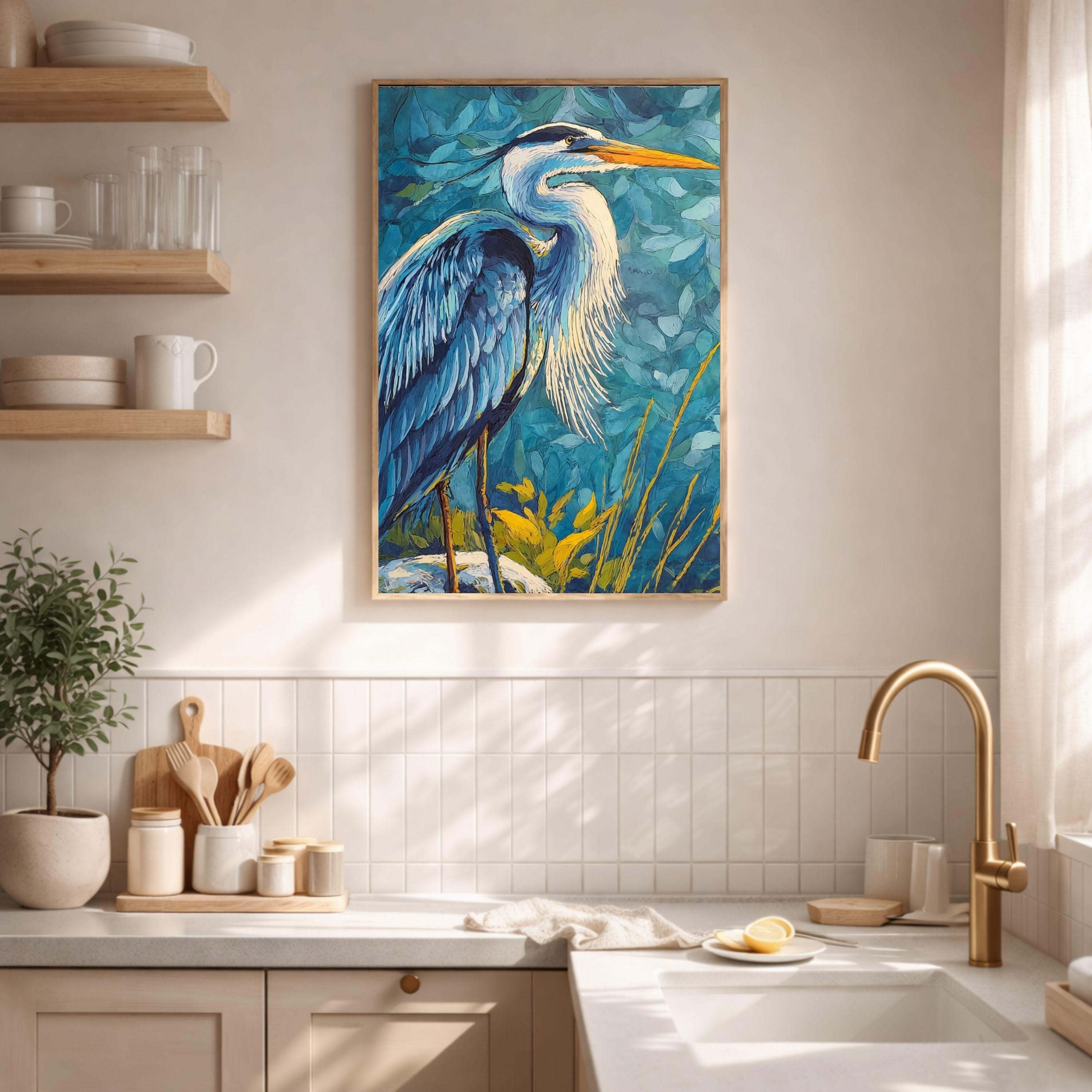 Coastal Bird Canvas Print, Blue Heron Wall Art, Nautical Wildlife Artwork, Beach House Bedroom Decor, Bold Nature Wall Art