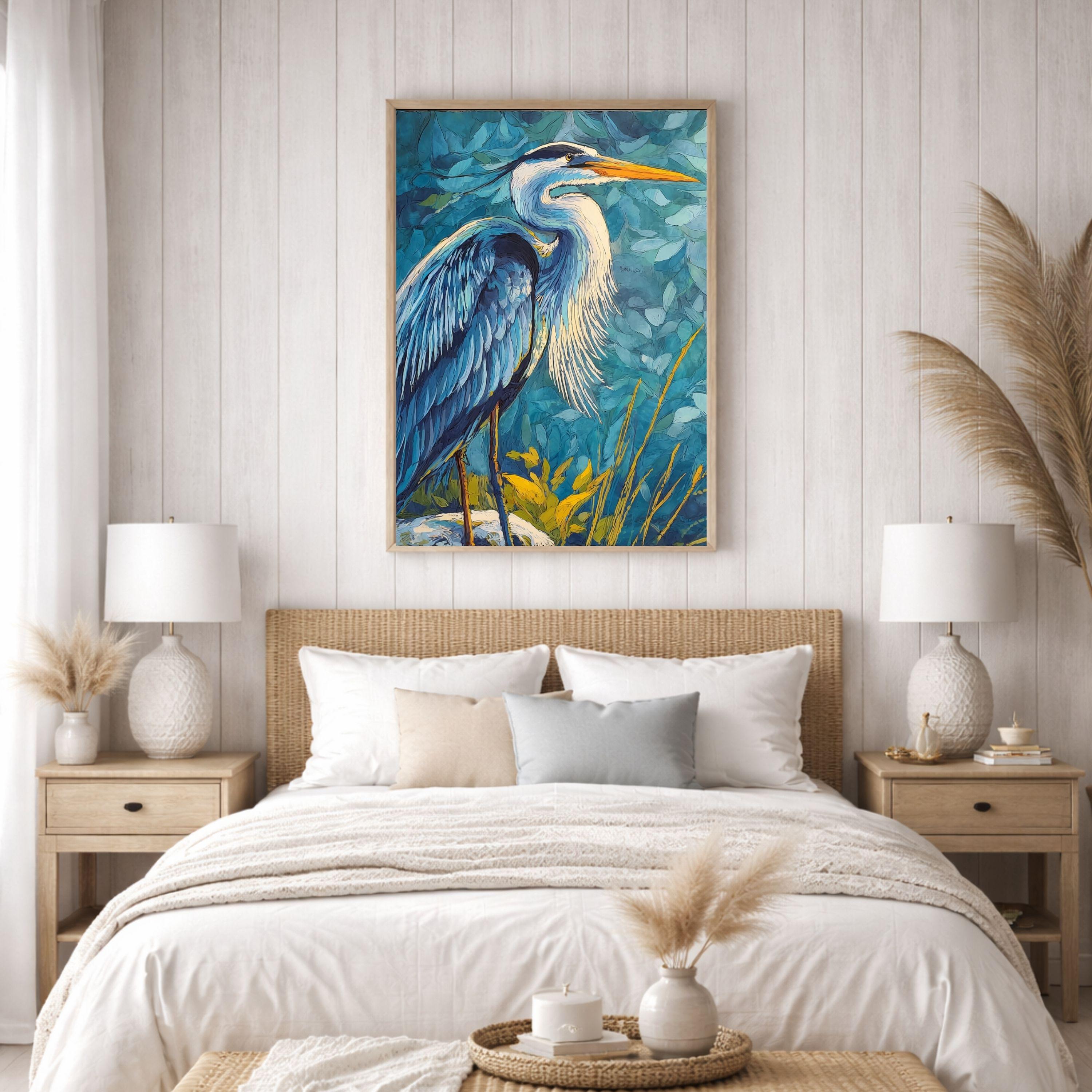 Coastal Bird Canvas Print, Blue Heron Wall Art, Nautical Wildlife Artwork, Beach House Bedroom Decor, Bold Nature Wall Art