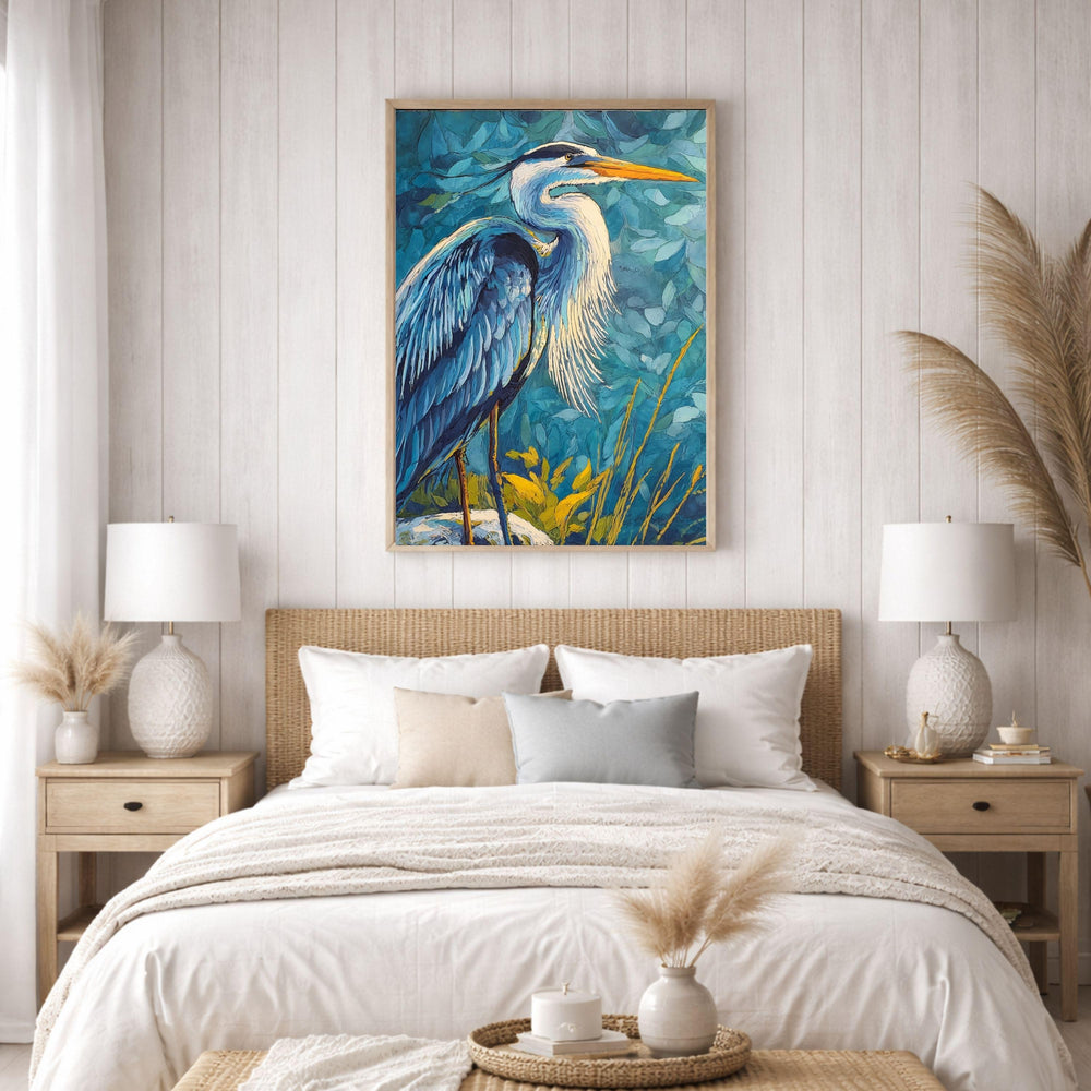 Coastal Bird Canvas Print, Blue Heron Wall Art, Nautical Wildlife Artwork, Beach House Bedroom Decor, Bold Nature Wall Art